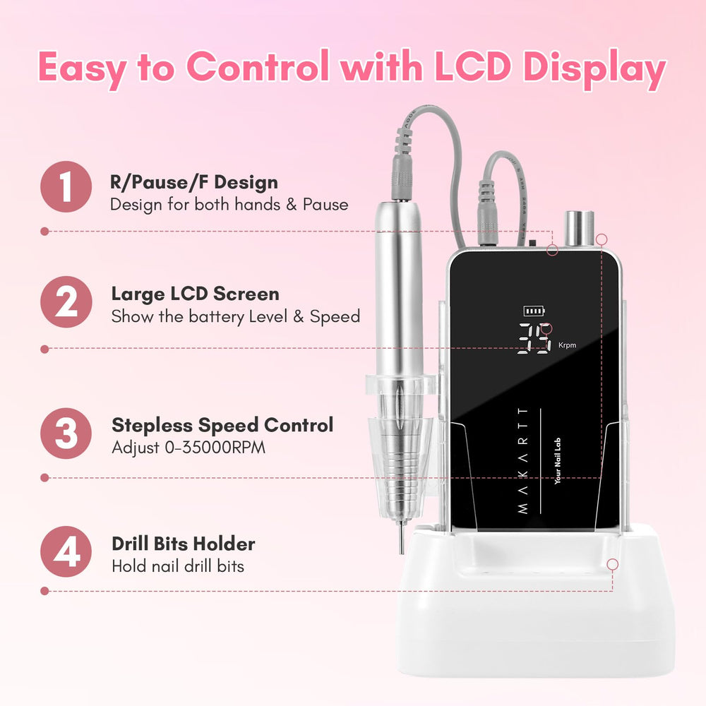 Makartt nail drill LCD display shows RPM and battery status for on-the-go adjustments.