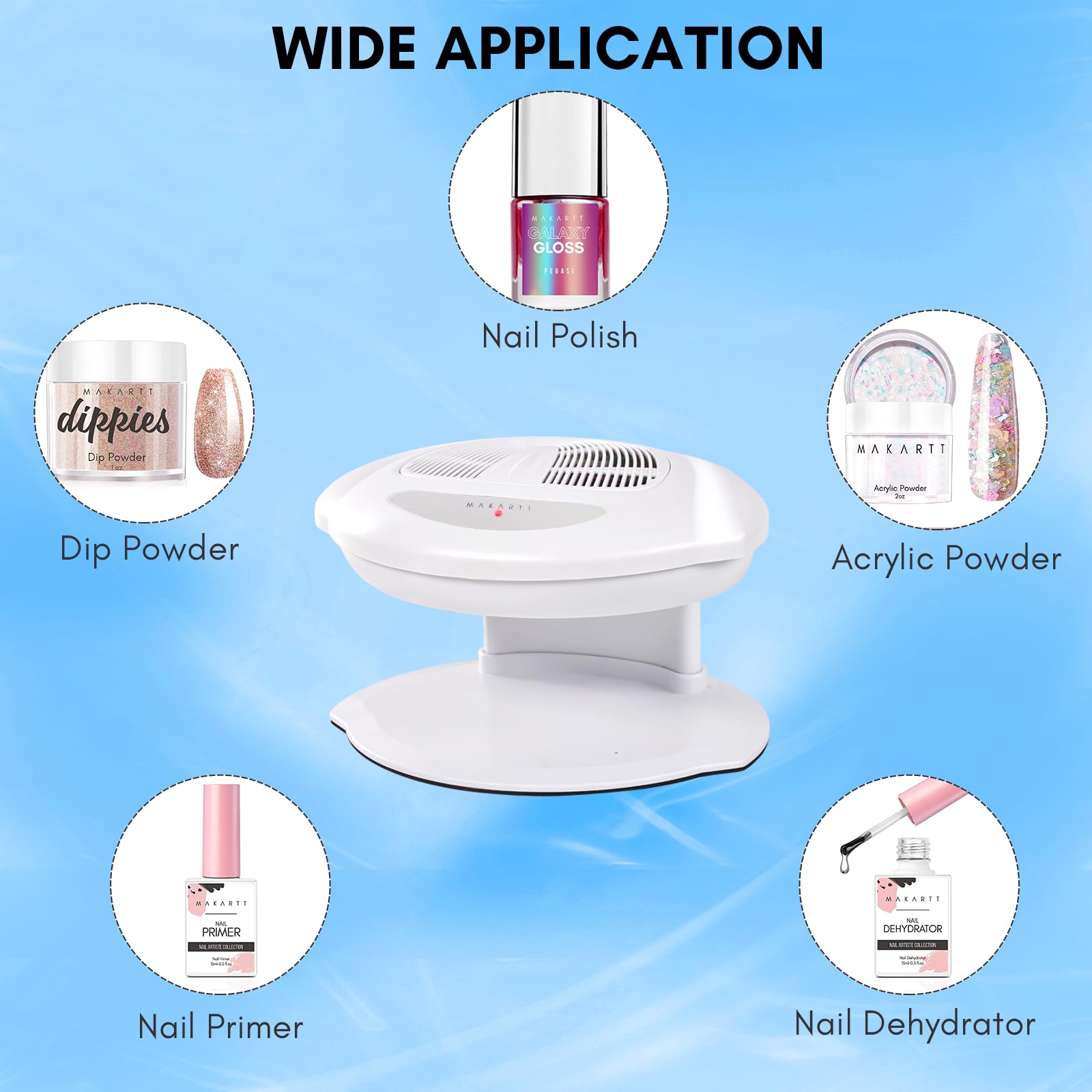 Makartt Nail Dryer supports regular polish and dip powder drying.