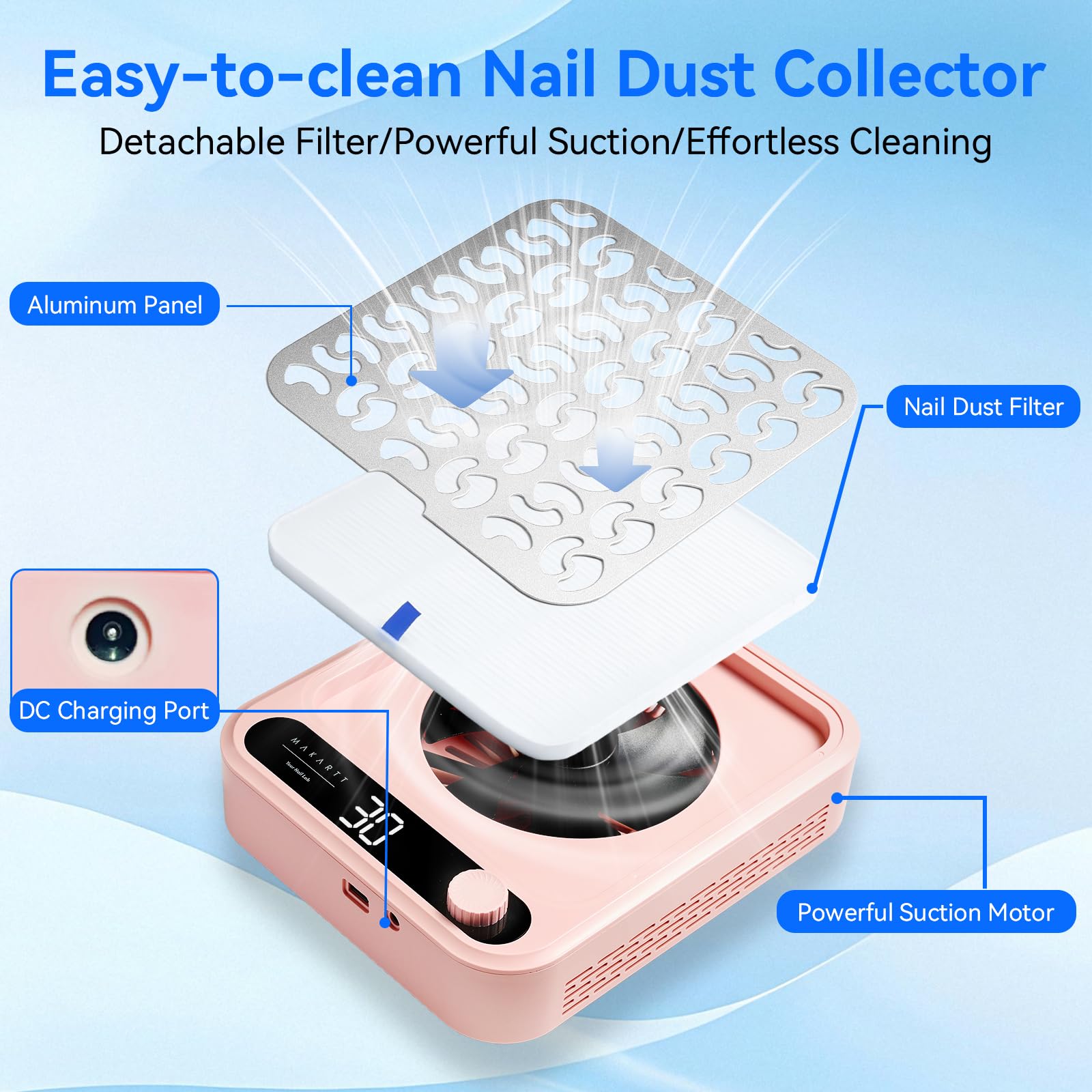 Makartt nail dust collector pink finish combines durability with a stylish workspace.