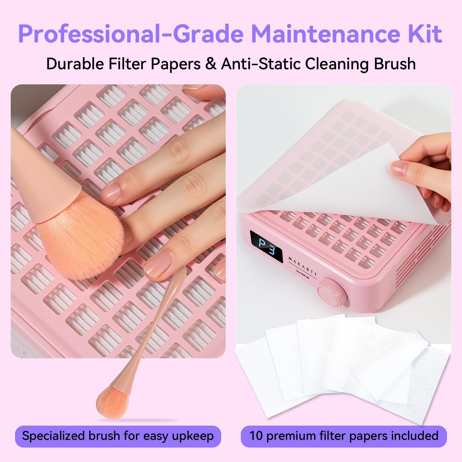 Makartt nail dust collector with included dust brush for quick cleaning tasks.