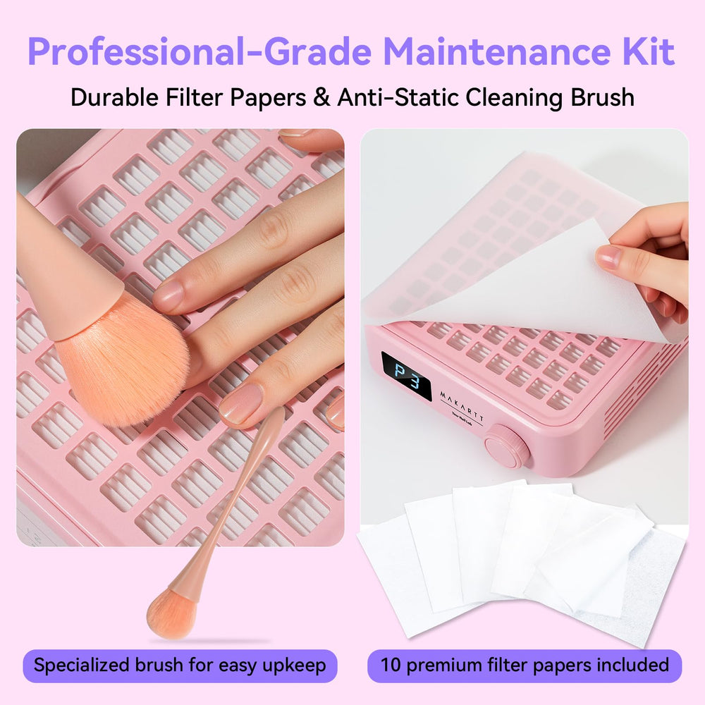 Makartt nail dust collector with included dust brush for quick cleaning tasks.