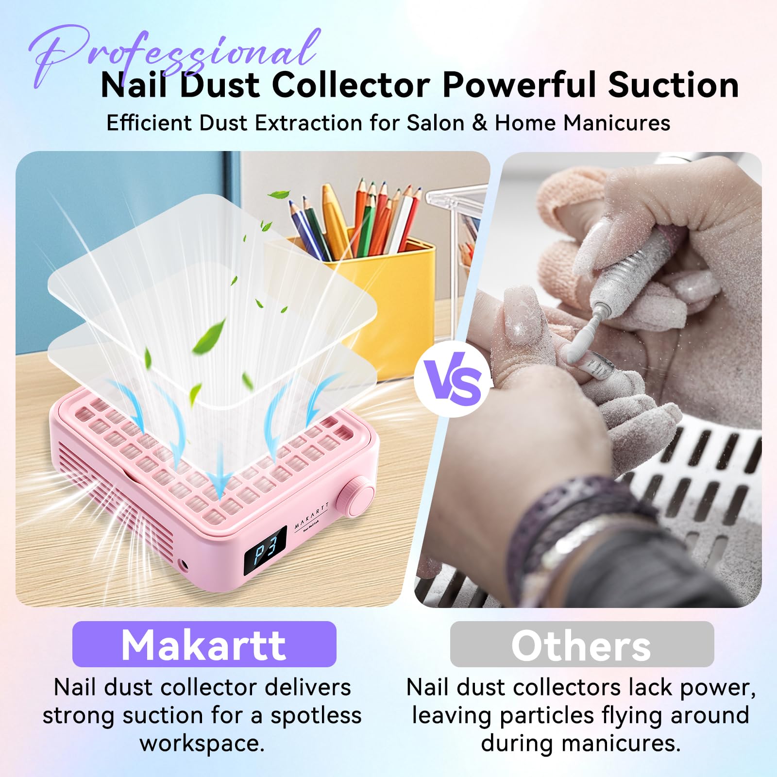 Makartt nail dust collector LED display showcases quick speed adjustments for precise control.