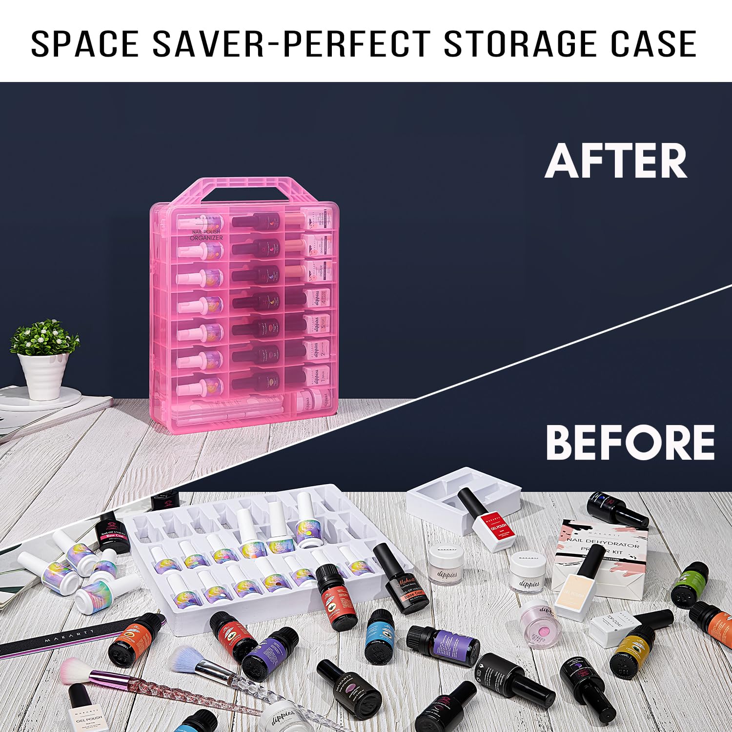 Makartt nail polish organizer’s dust-free clear design protects bottles while viewing.
