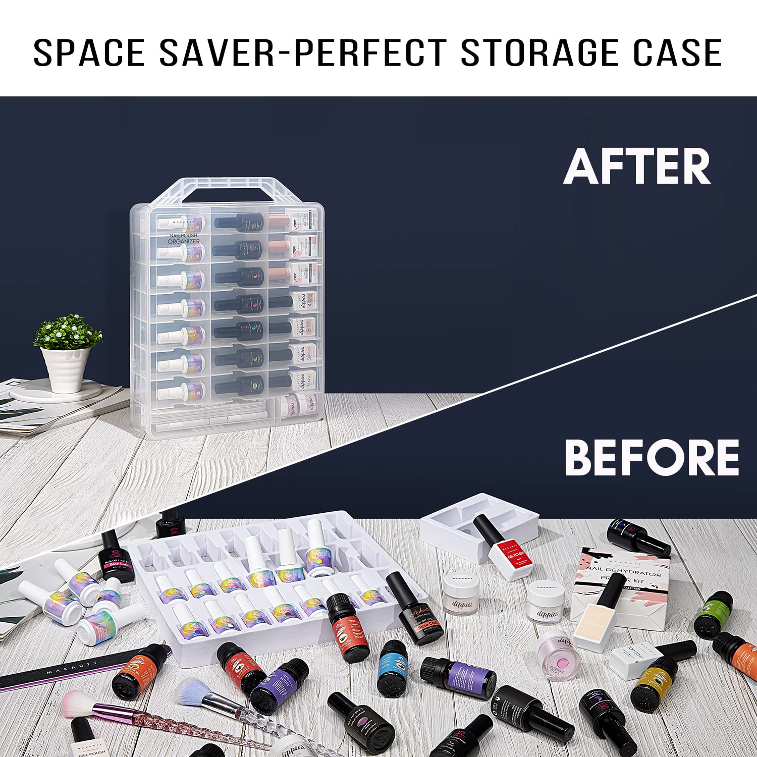 Makartt Nail Polish Organizer interior with 8 adjustable dividers for flexible storage.