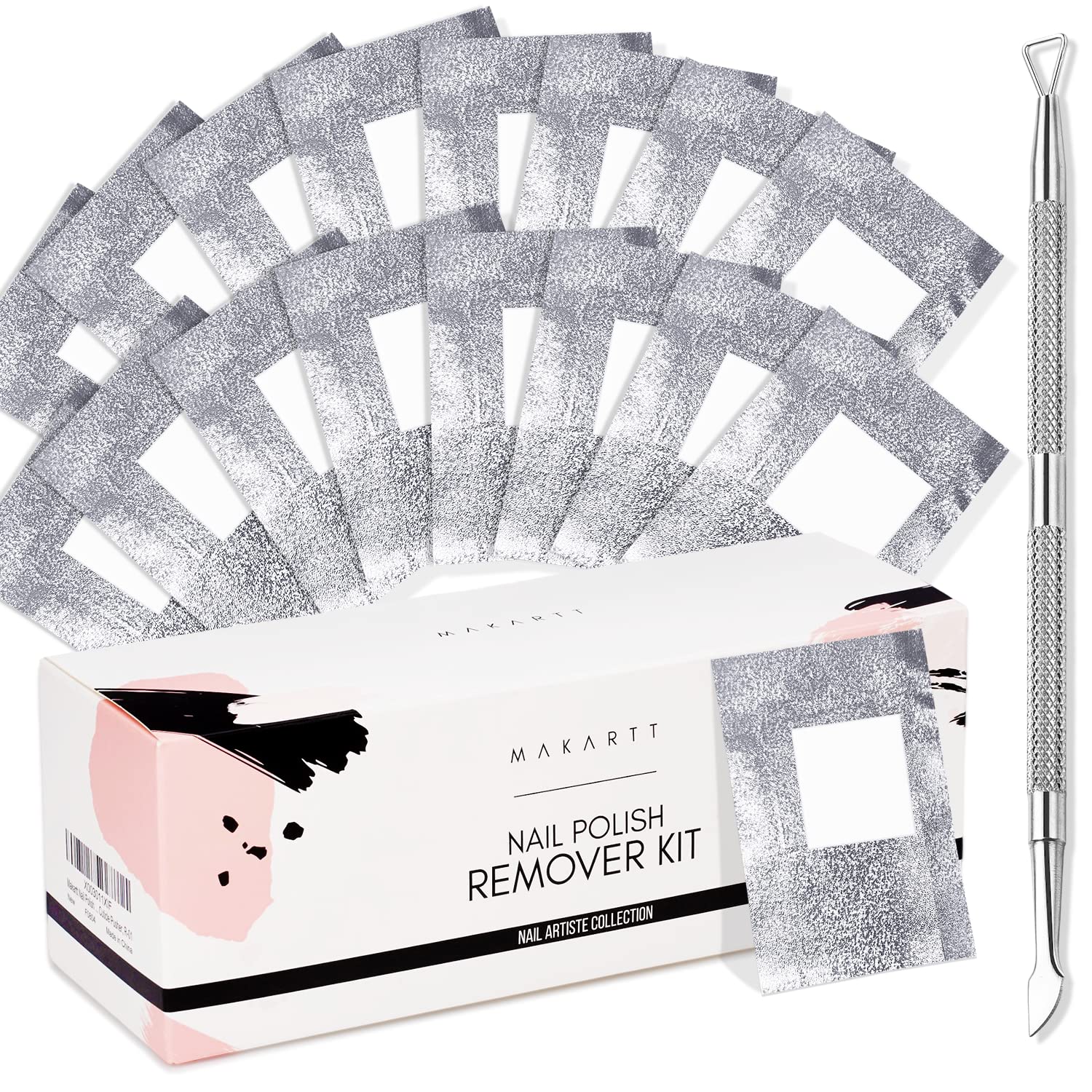 Makartt Nail Polish Remover Set box with 200 foils and scraper for at-home removal.