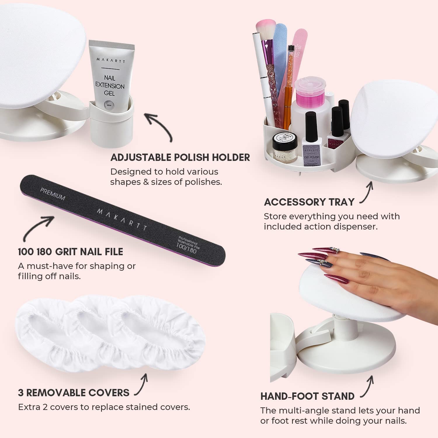 Makartt Nail Stand Polish Bottle Slots show organized bottle fitting for spill-free setup