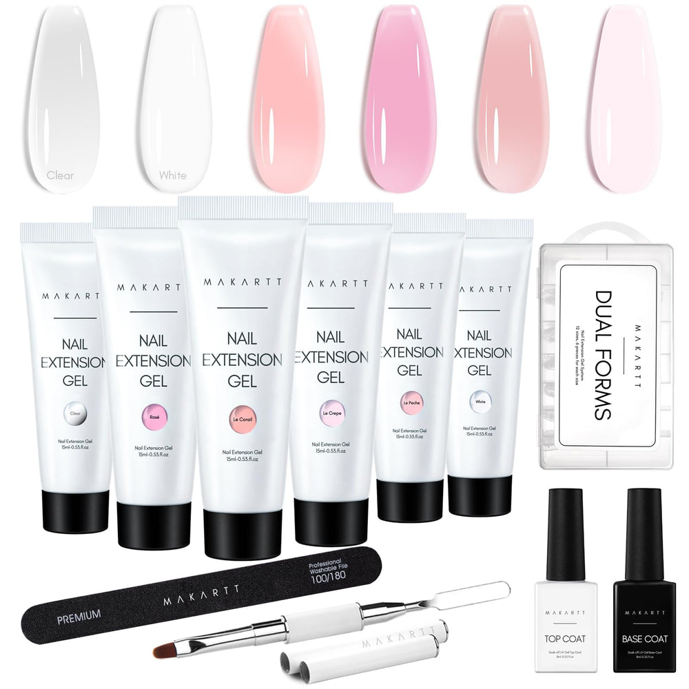 Makartt Poly Nail Gel Kit color swatches show clear pink and white tones for versatile at-home manicures.
