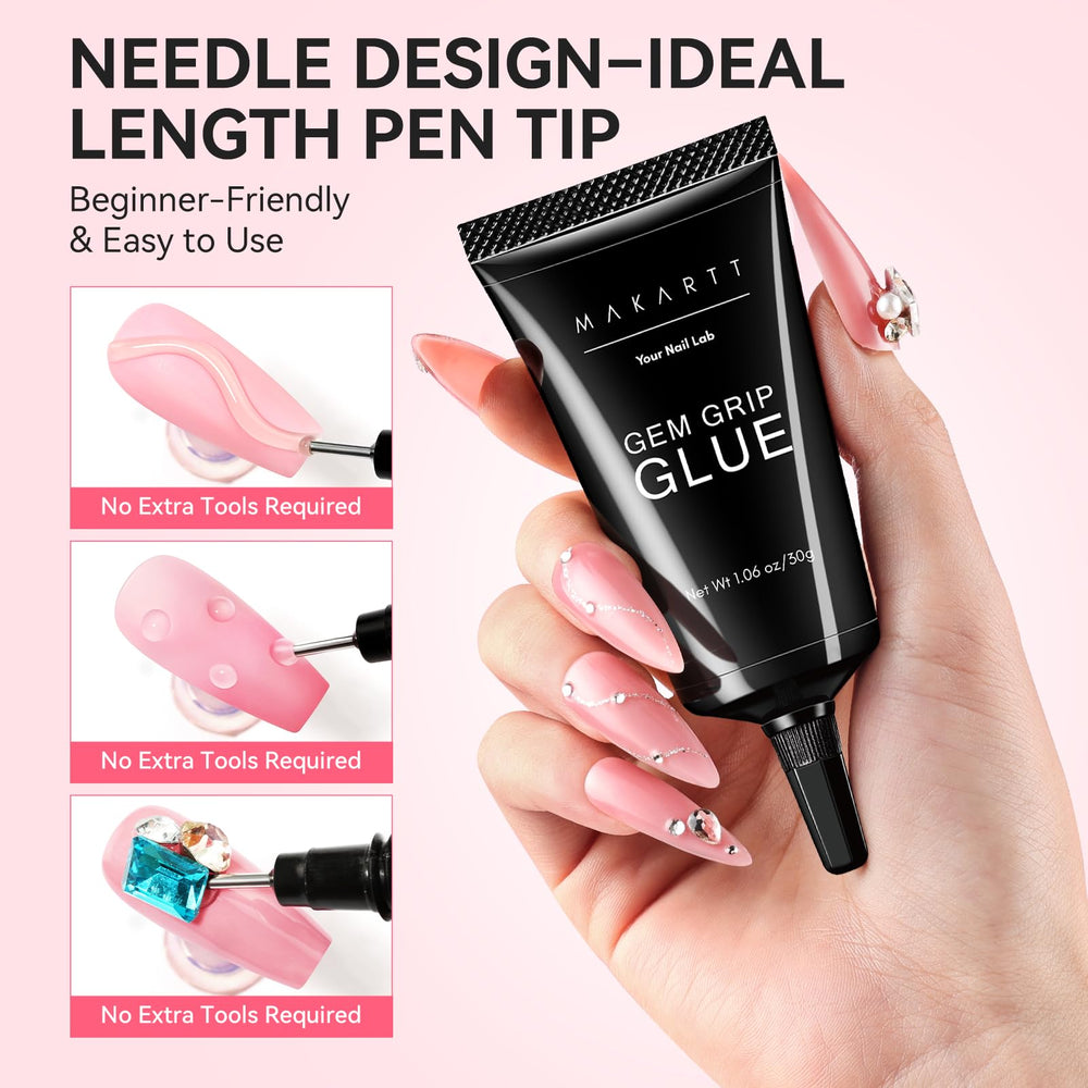 Makartt Rhinestone Glue cures under UV/LED for quick, durable holds.