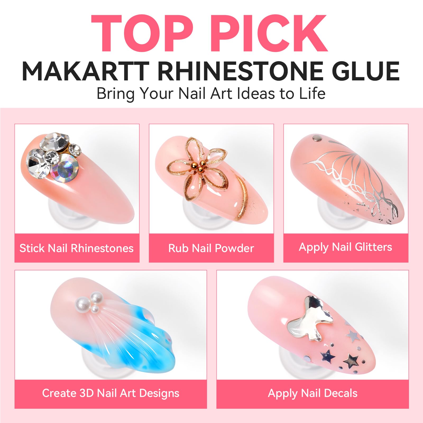 Makartt glue works with gel, poly gel, and acrylic for versatility.
