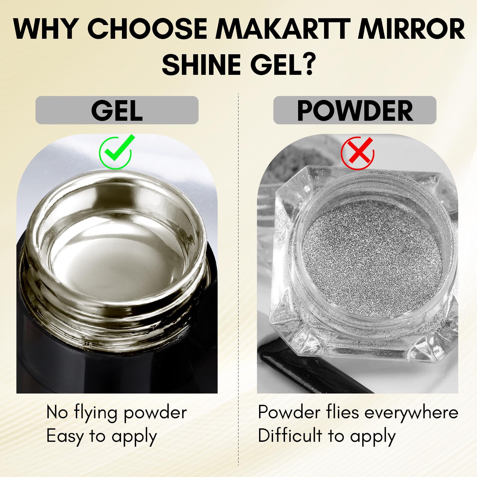 Makartt UV/LED curing chrome gel with mirror shine under light.