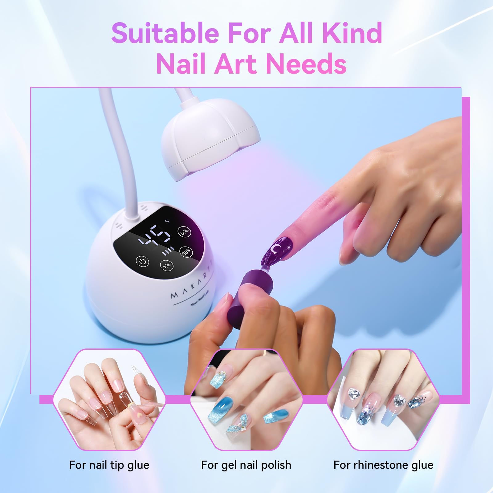 Makartt UV LED Nail Lamp display shows 4 timing options for flexible curing rhythms.