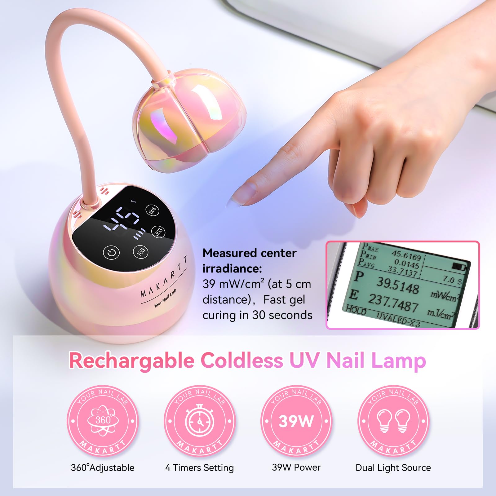 Makartt UV LED nail lamp cordless rechargeable design for on-the-go nails.