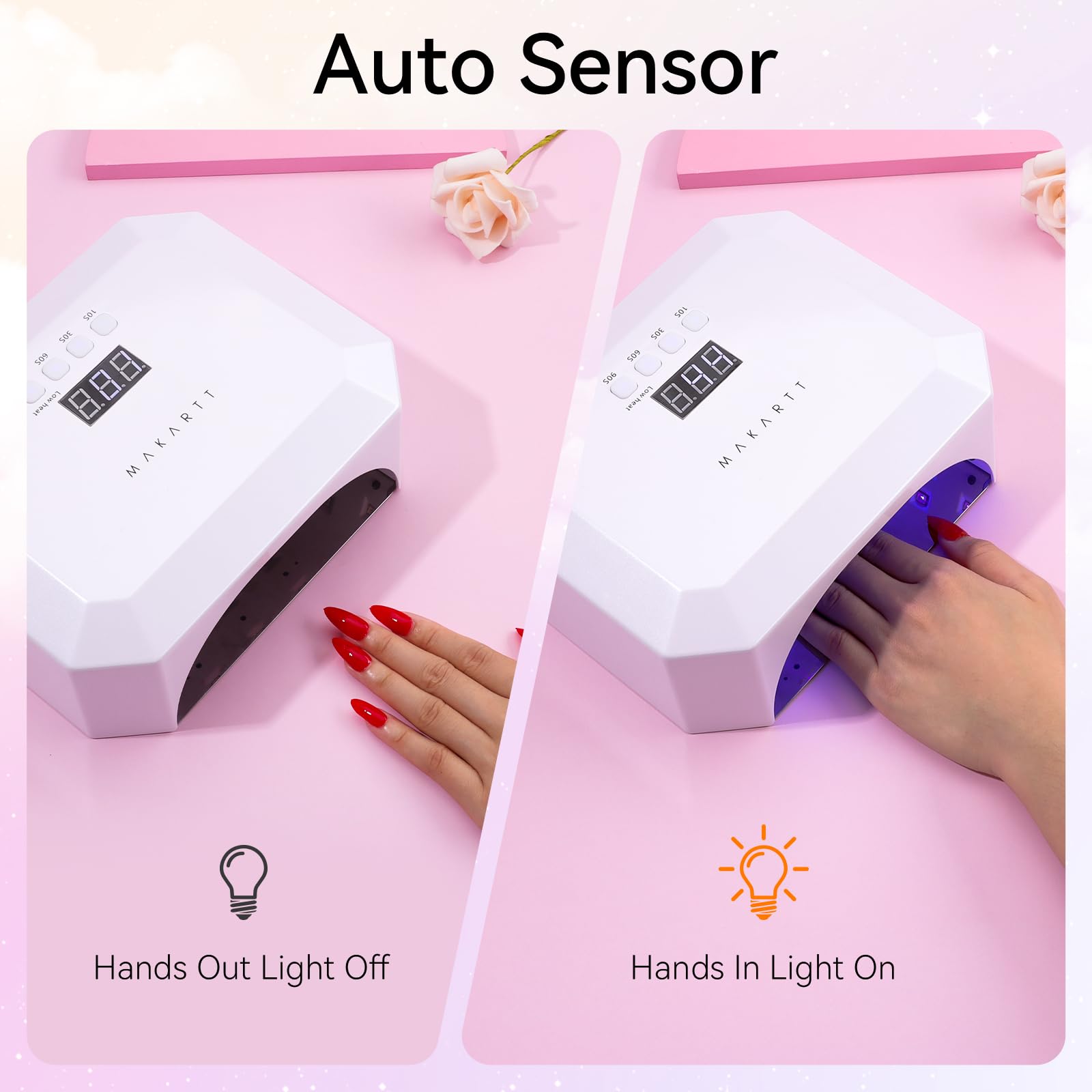 Makartt UV Nail Lamp four timers and low heat mode in use