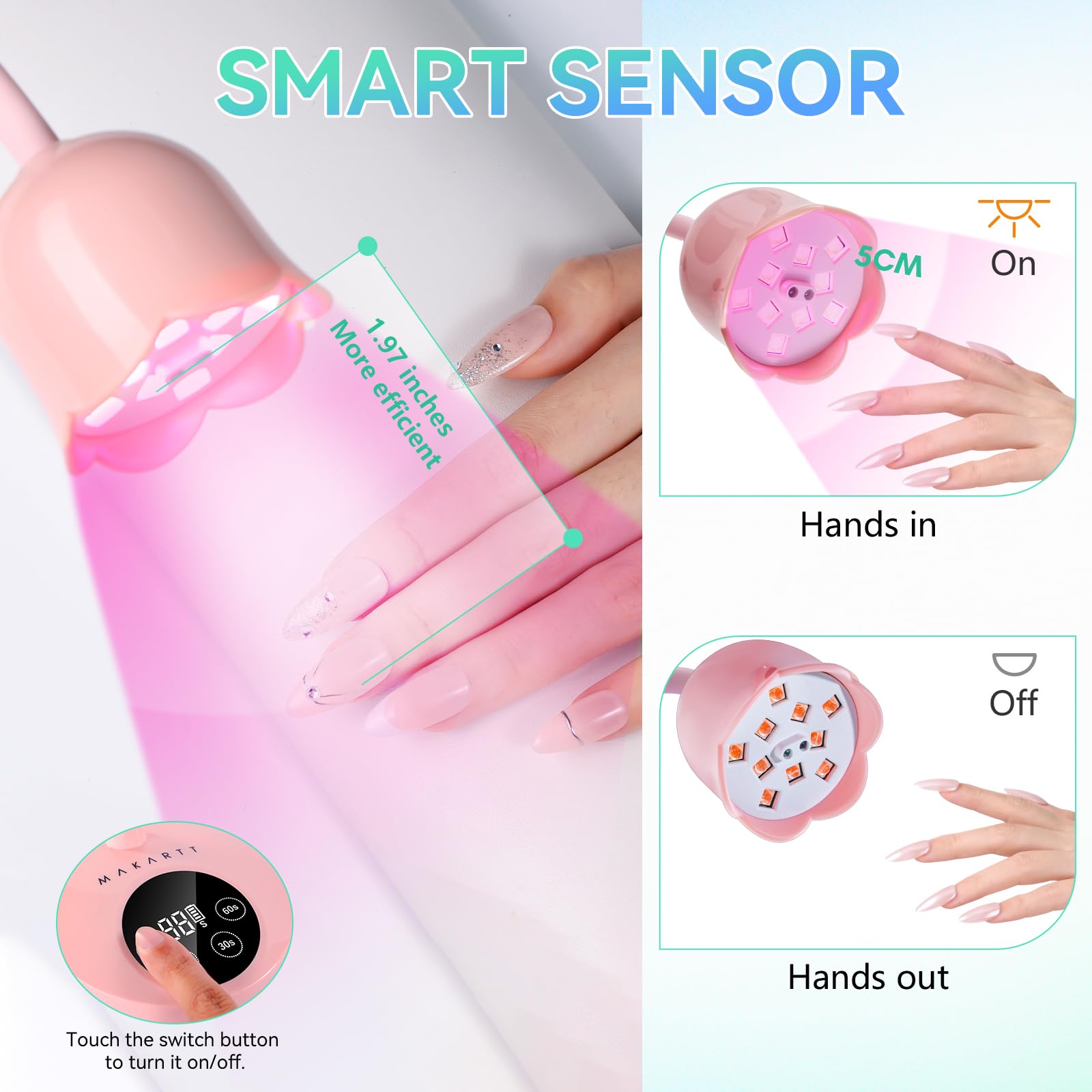 Makartt UV Nail Lamp gooseneck 360-degree view demonstrates flexible positioning.