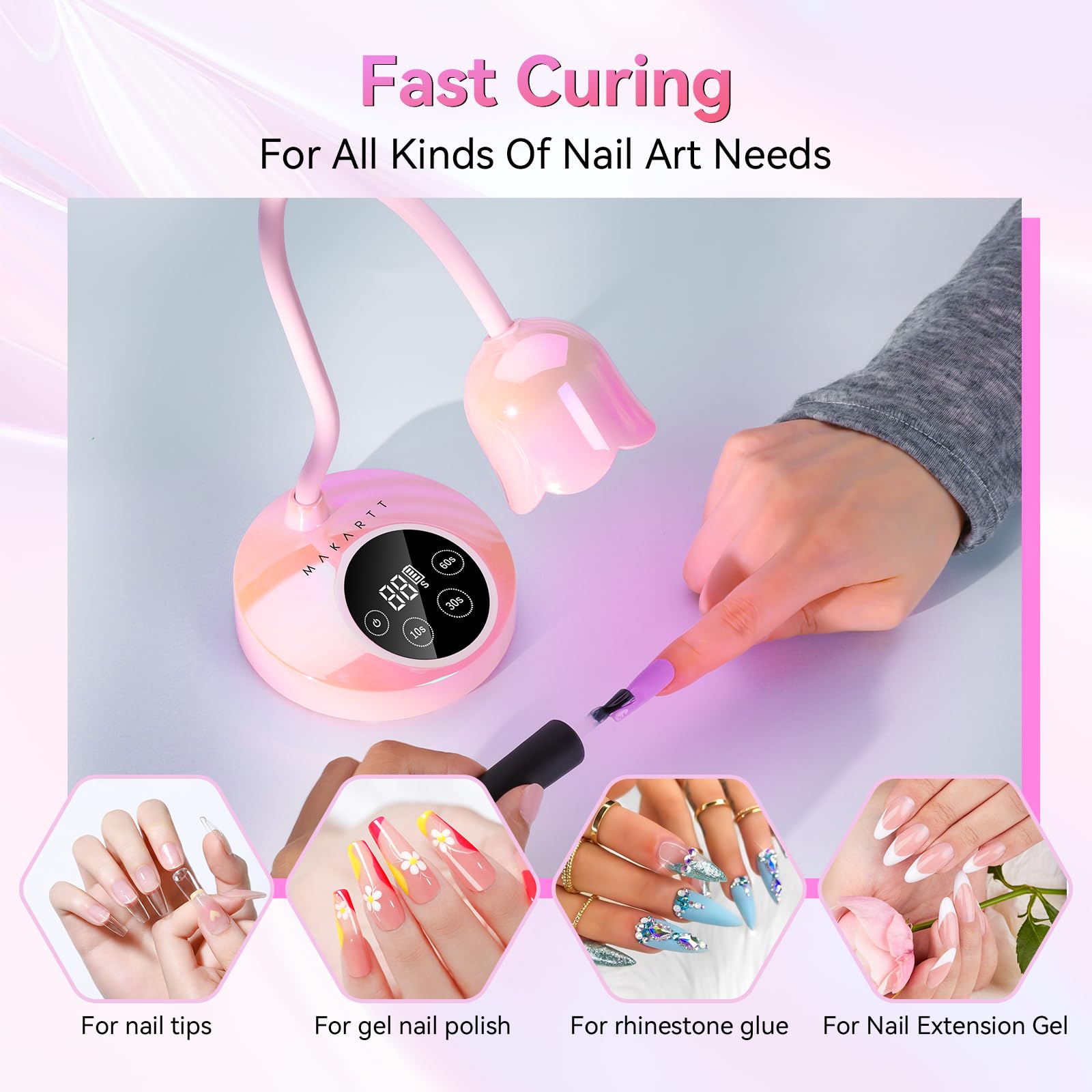 Makartt UV Nail Lamp with gooseneck adjusts angles for precise curing.