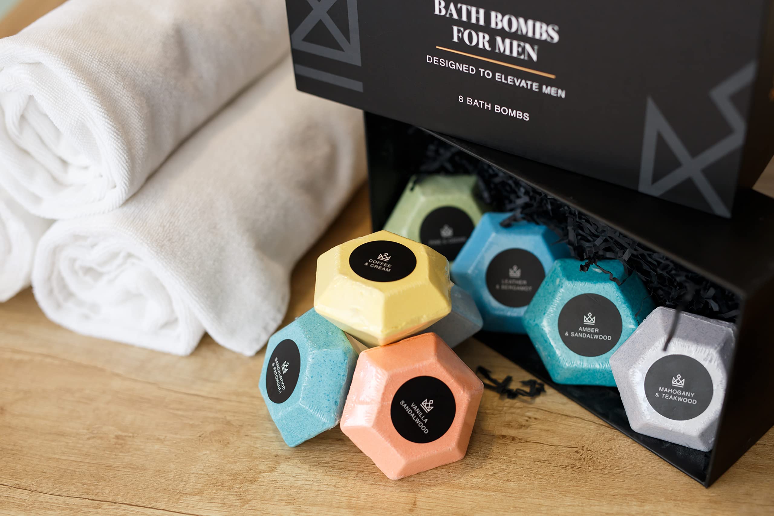Make Life Exclusive diamonds-shaped bombs on bath shelf suggest premium care