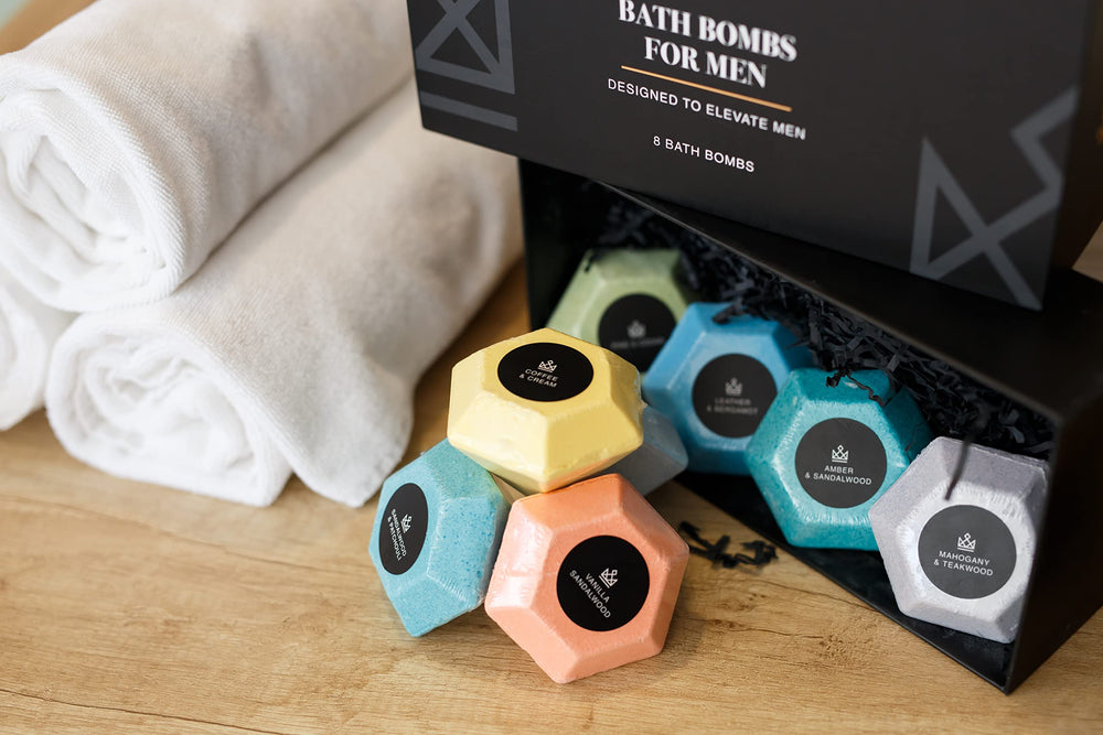 Make Life Exclusive diamonds-shaped bombs on bath shelf suggest premium care