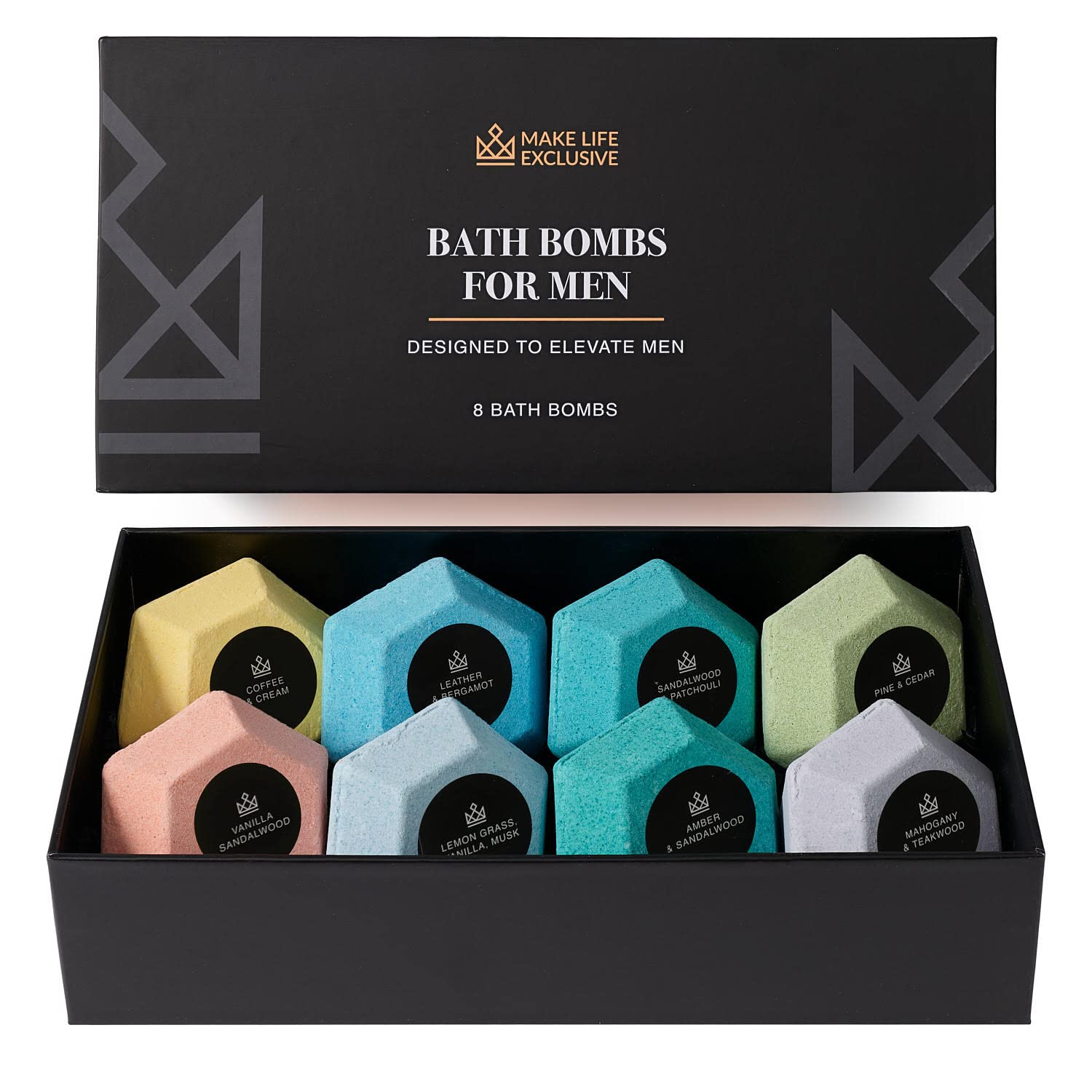 Make Life Exclusive bath bombs men diamond-8pack packaging closeup for premium relaxation ritual