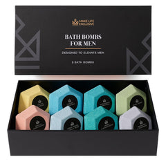 Make Life Exclusive bath bombs men diamond-8pack packaging closeup for premium relaxation ritual