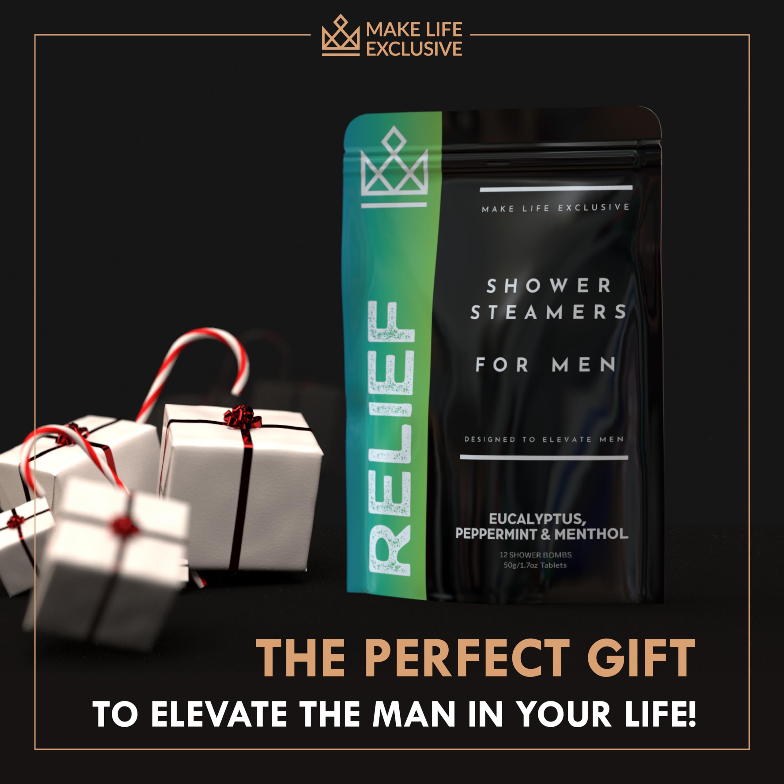 Make Life Exclusive shower steamer men gift set image suggests ideal present for birthdays or Father's Day.