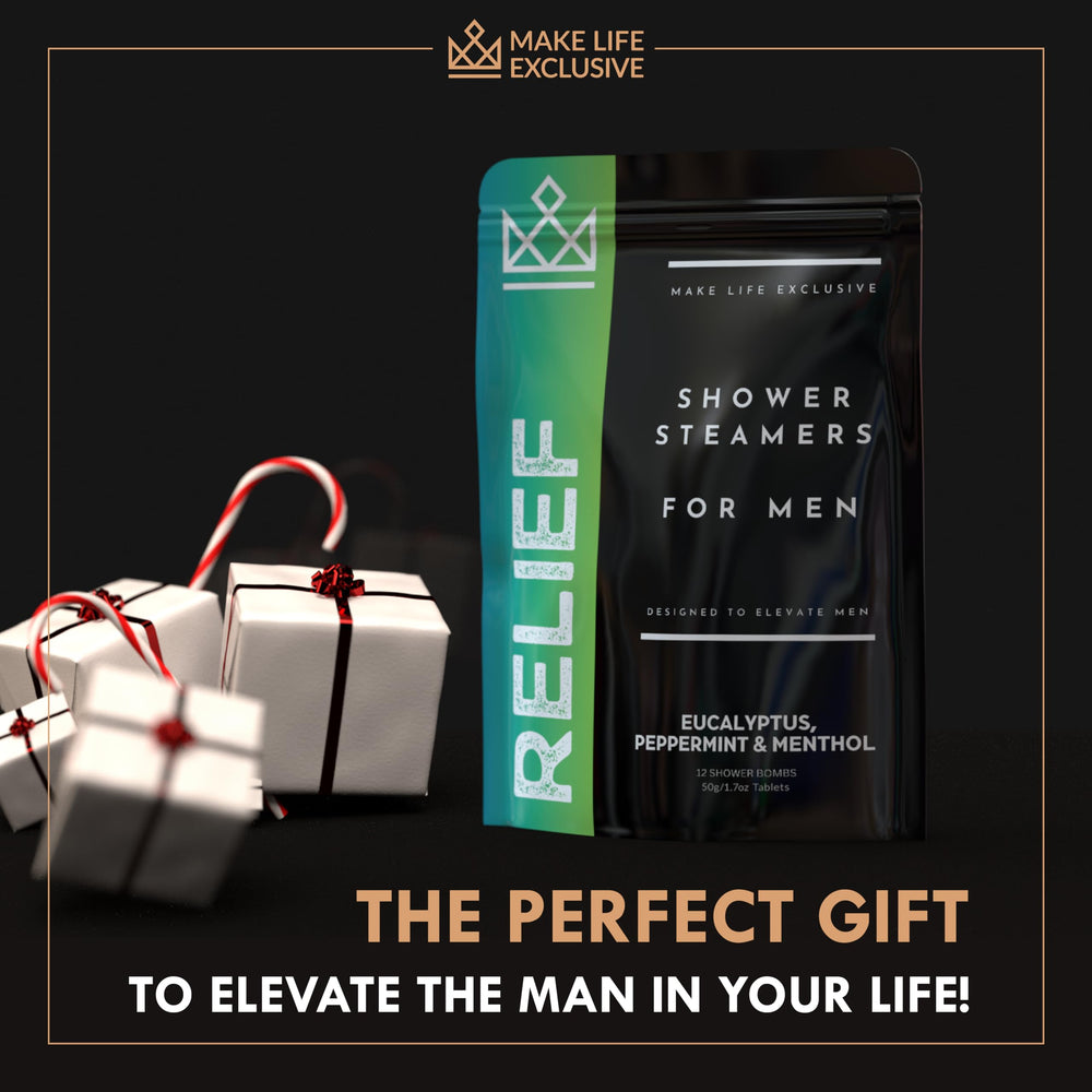 Make Life Exclusive shower steamer men gift set image suggests ideal present for birthdays or Father's Day.