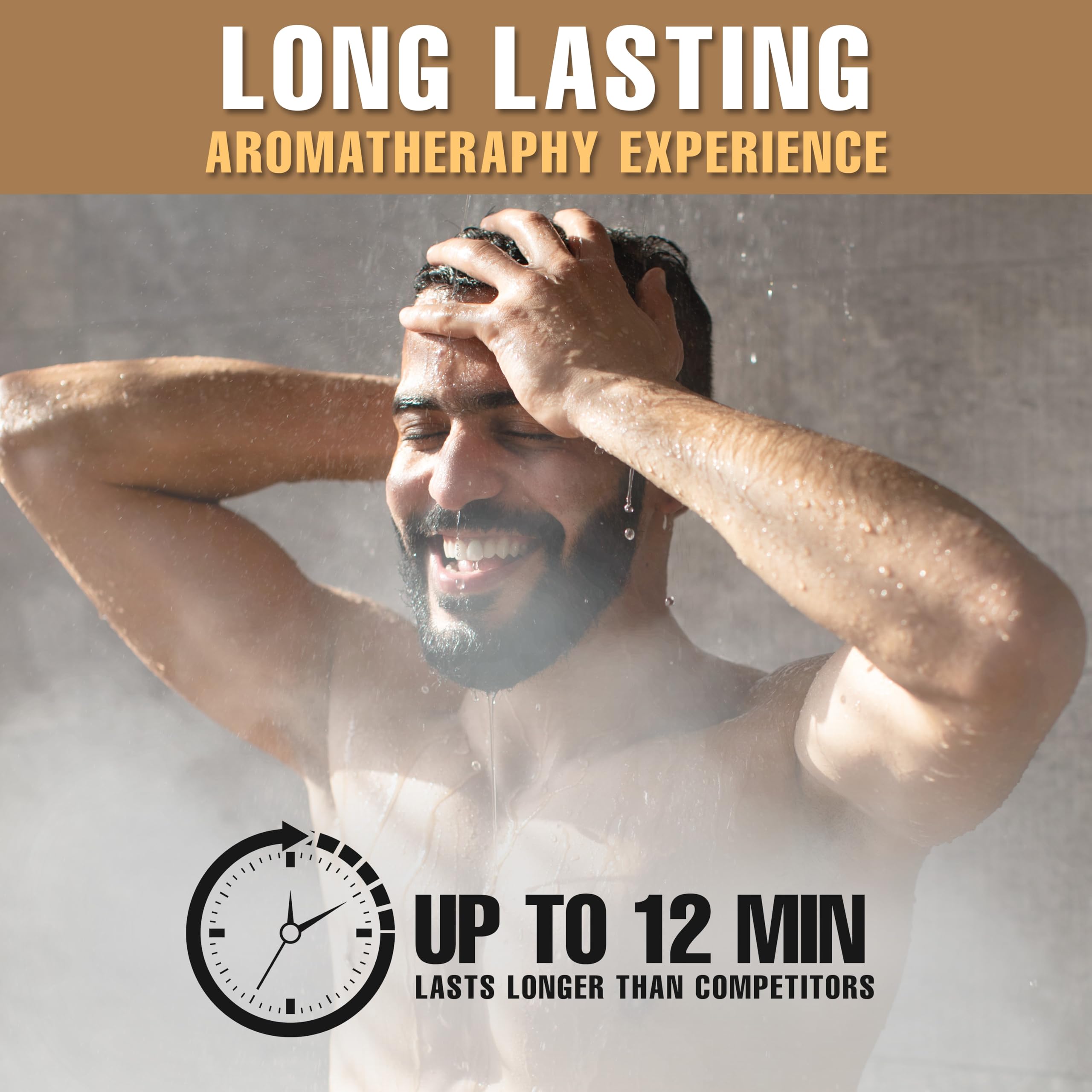Make Life Exclusive shower steamer men long-lasting scent image underlines enduring fragrance during showers.