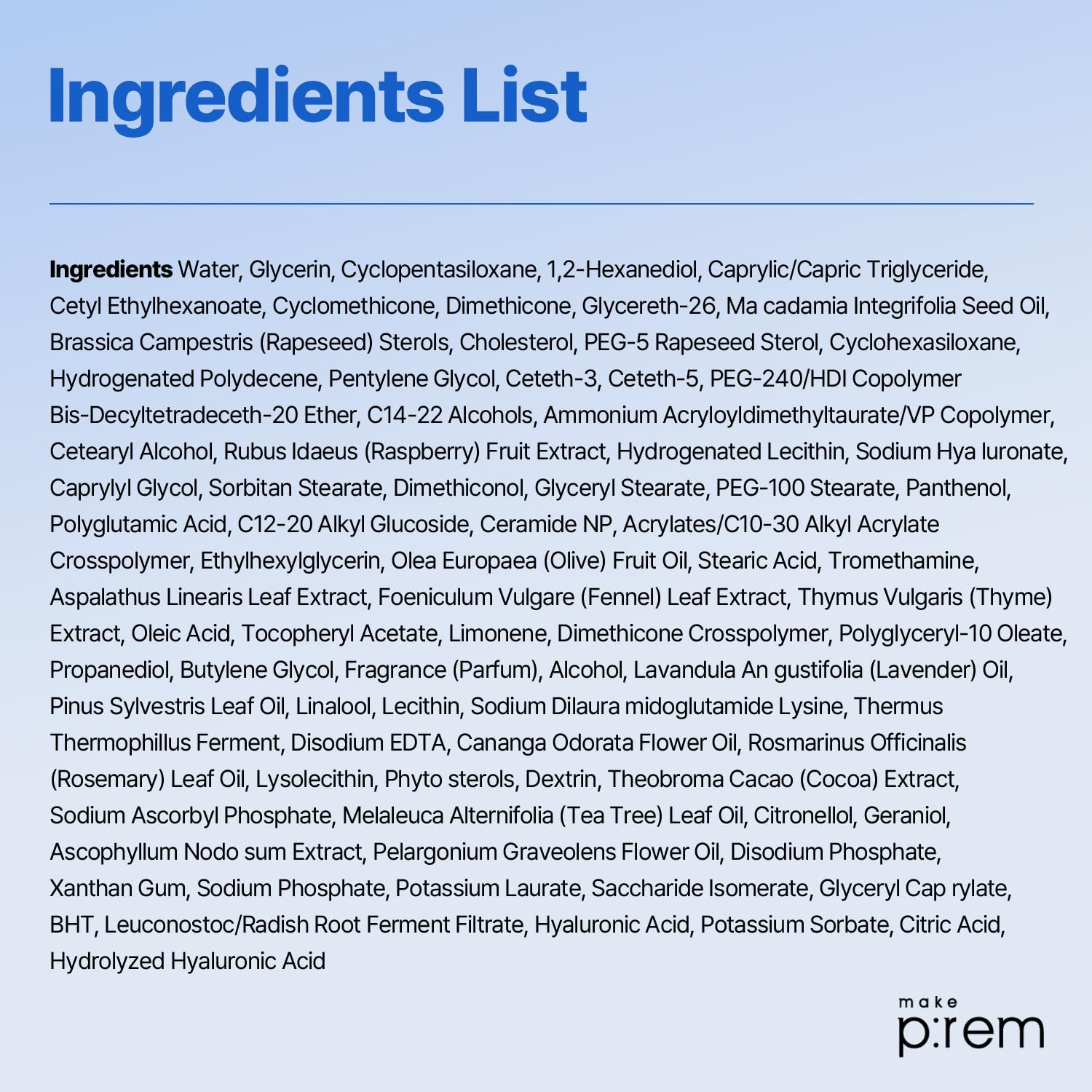 MAKEP:REM Hydrate Me label closeup highlights clean ingredients and lightweight hydration.