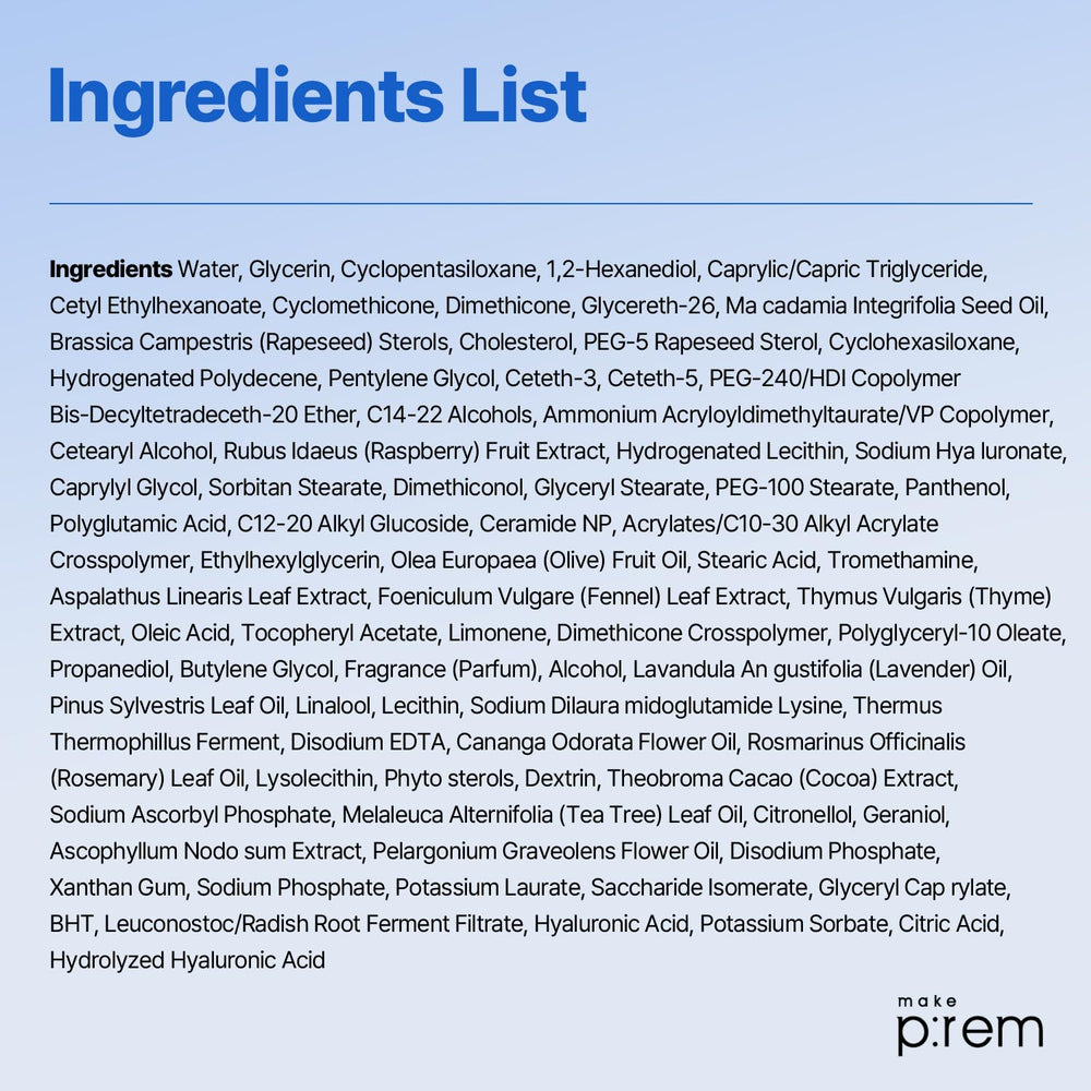 MAKEP:REM Hydrate Me label closeup highlights clean ingredients and lightweight hydration.
