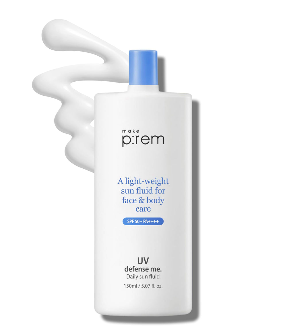 MAKEPREM Defense Me sun fluid bottle demonstrates non-greasy hydration for daily sun protection.