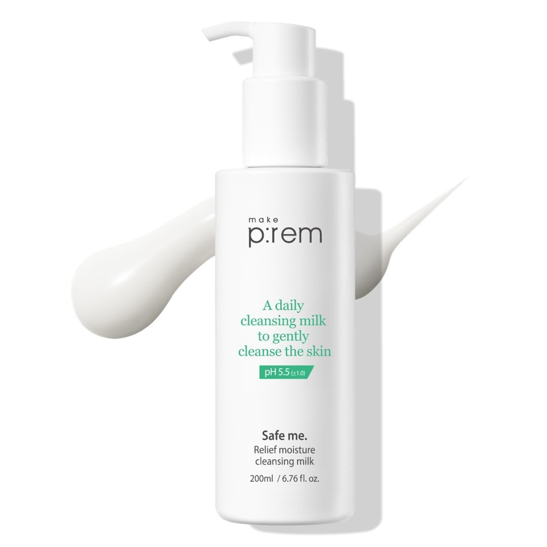 MAKEP:REM Safe Me cleansing milk bottle shows gentle makeup removal and hydration.
