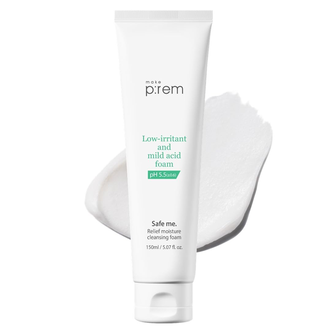 MAKEP:REM Safe Me. Foam bottle shows gentle cleanser for sensitive skin.