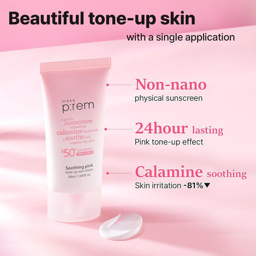 Makeprem Soothing Pink Tone Up Sunscreen applying on face reveals natural glow and base-ready finish.