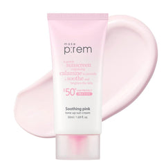 Makeprem Soothing Pink Tone Up Sunscreen packaging, compact bottle for daily mineral protection.