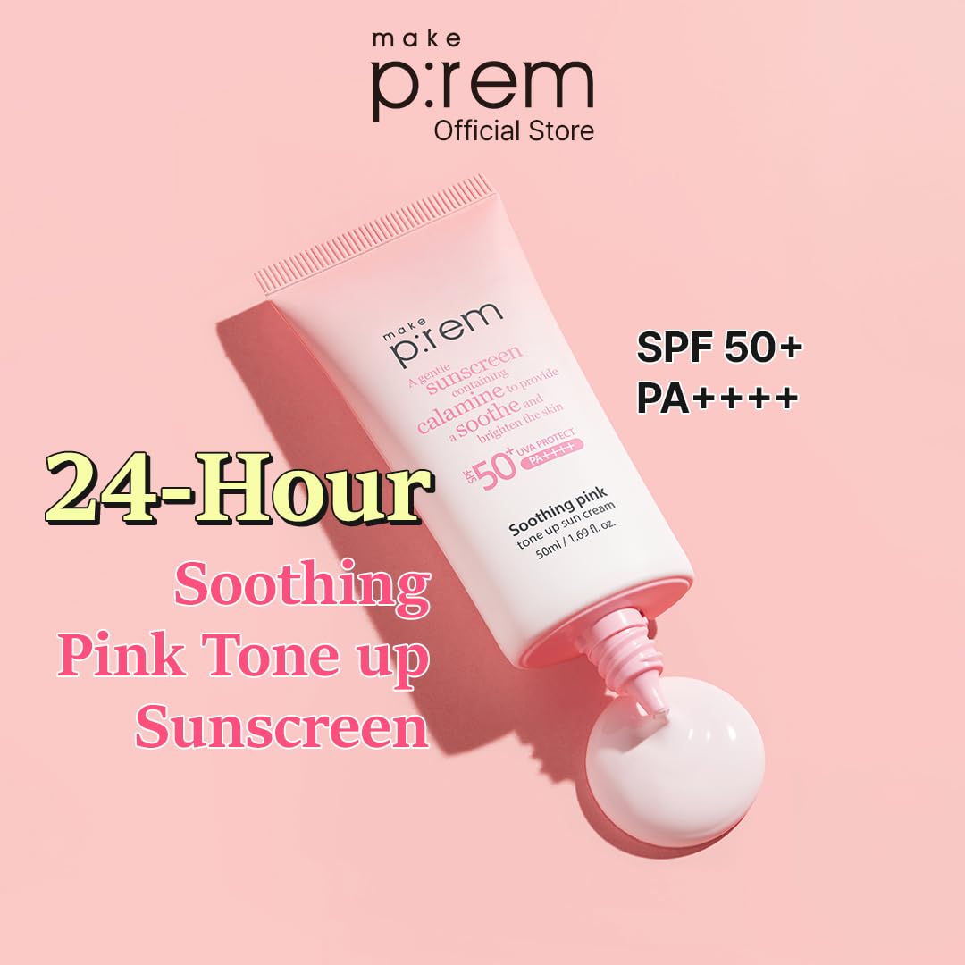 Makeprem Soothing Pink Tone Up Sunscreen texture closeup shows light, non-greasy feel.