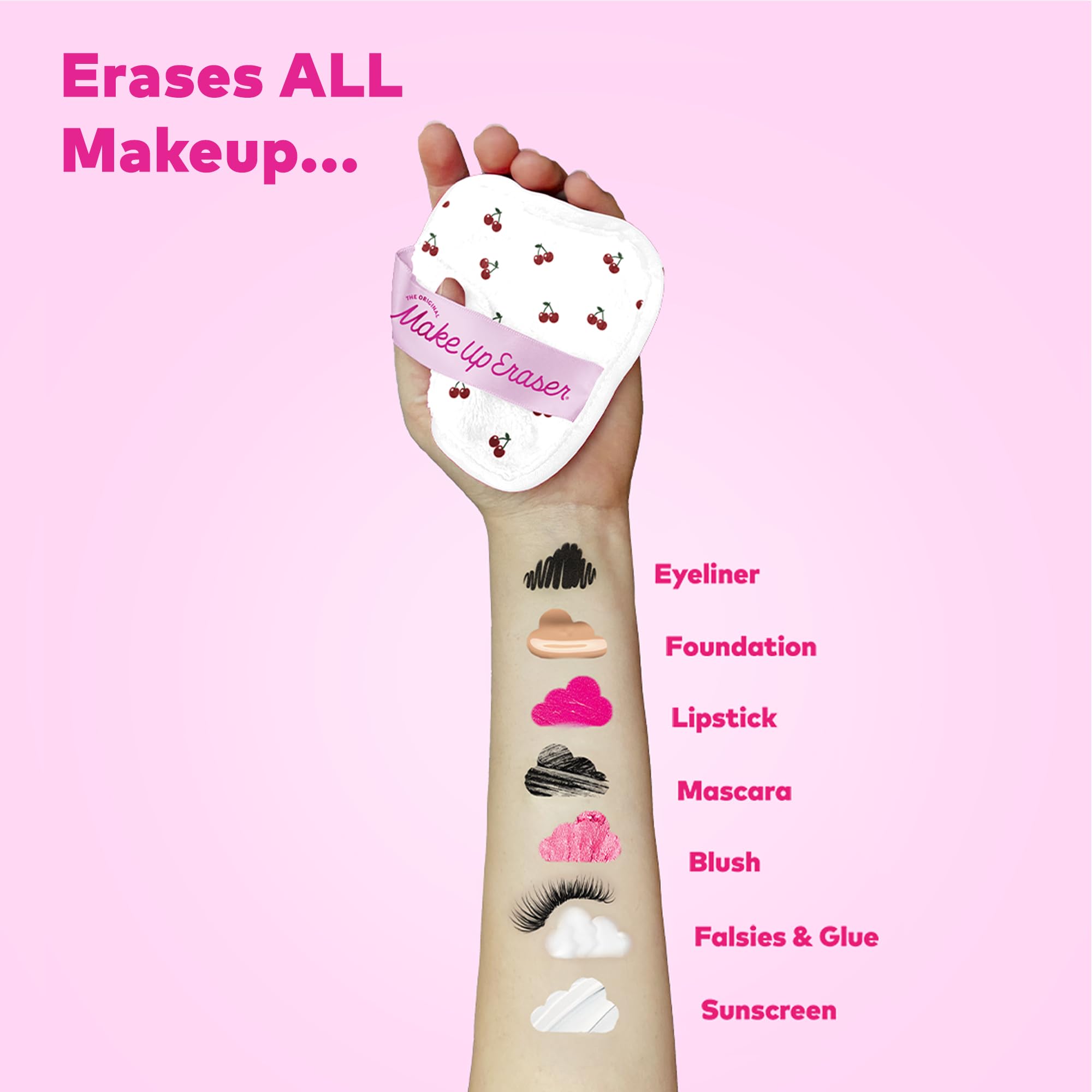 MakeUp Eraser Cherry Crush two-in-one design: makeup erasing and exfoliation in one pass.