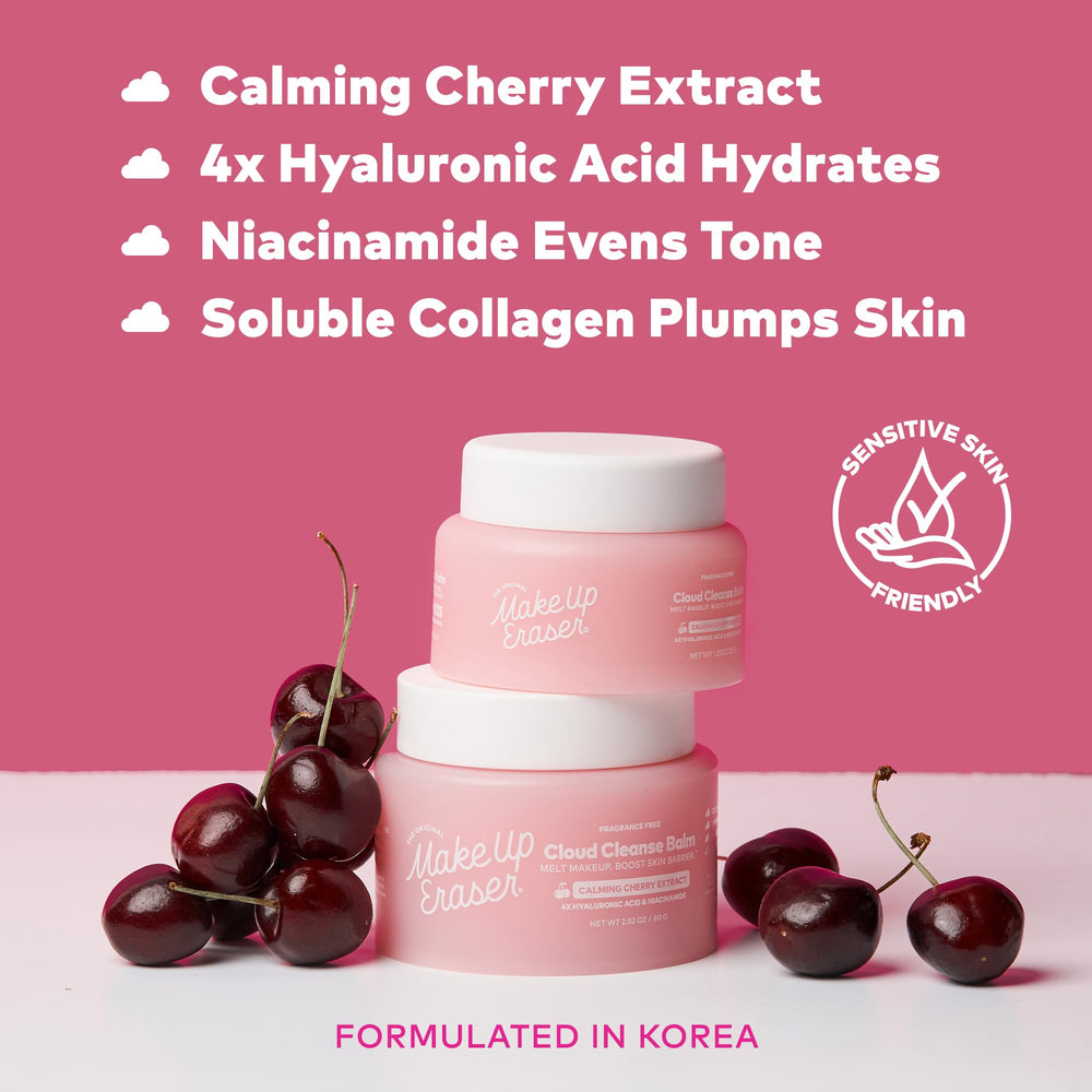 MakeUp Eraser Cloud Cleanse Balm with cherry extract highlights calming, brightening skin support.