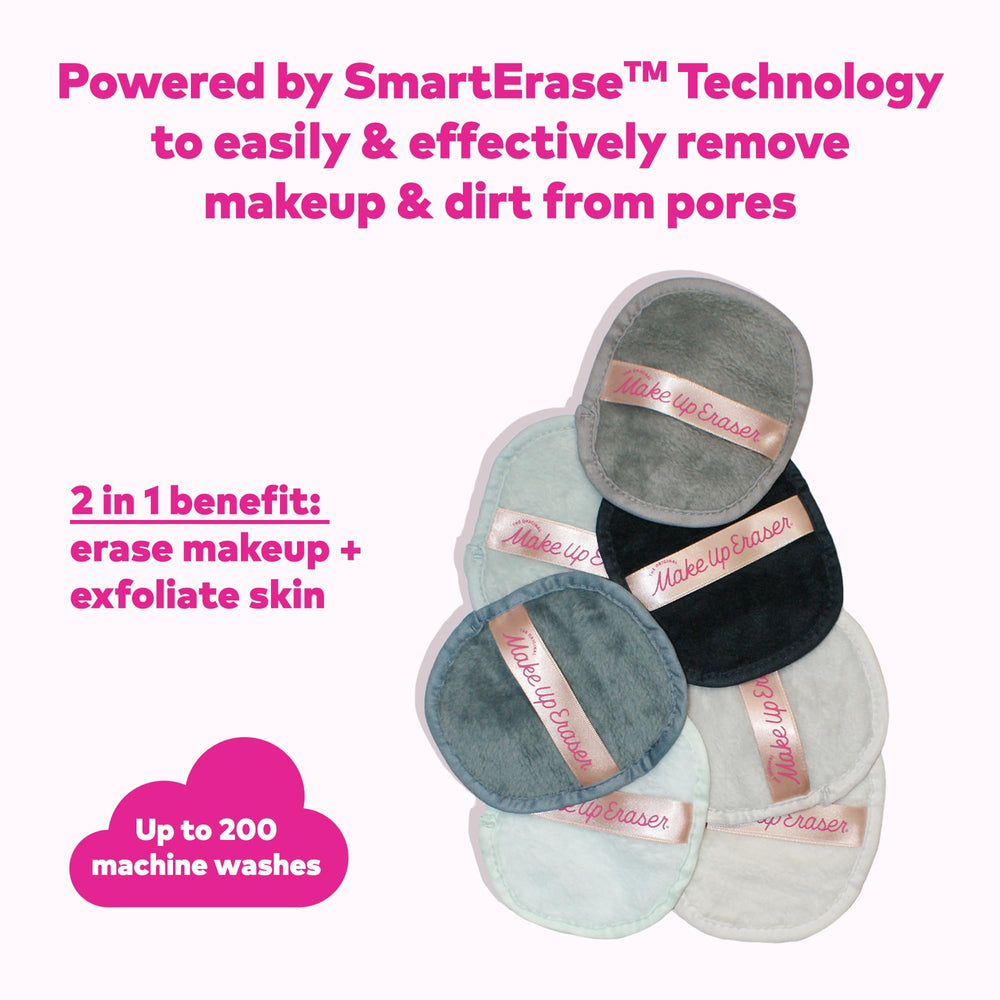 MakeUp Eraser dual-sided design shown for makeup removal and exfoliation.