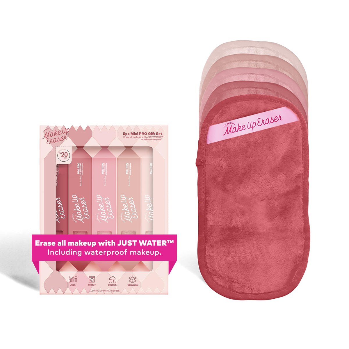 MakeUp Eraser Mini PRO 5pk Gift Set close-up shows packaging and design for easy makeup removal.