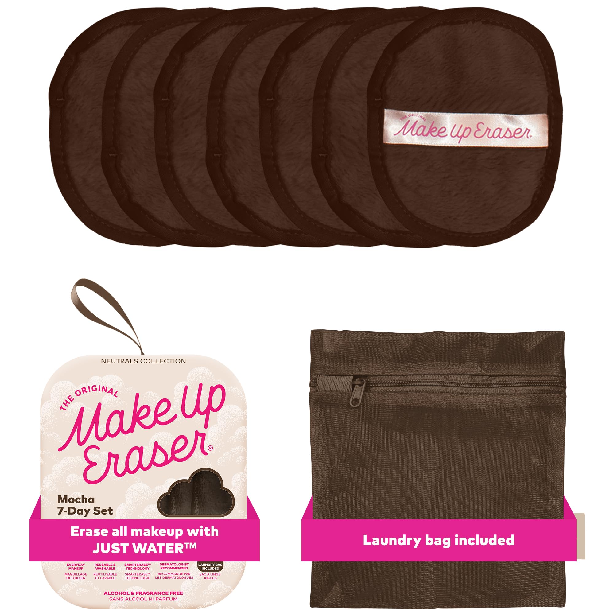MakeUp Eraser Original Mocha 7-day set packaging demonstrates easy makeup removal with water.