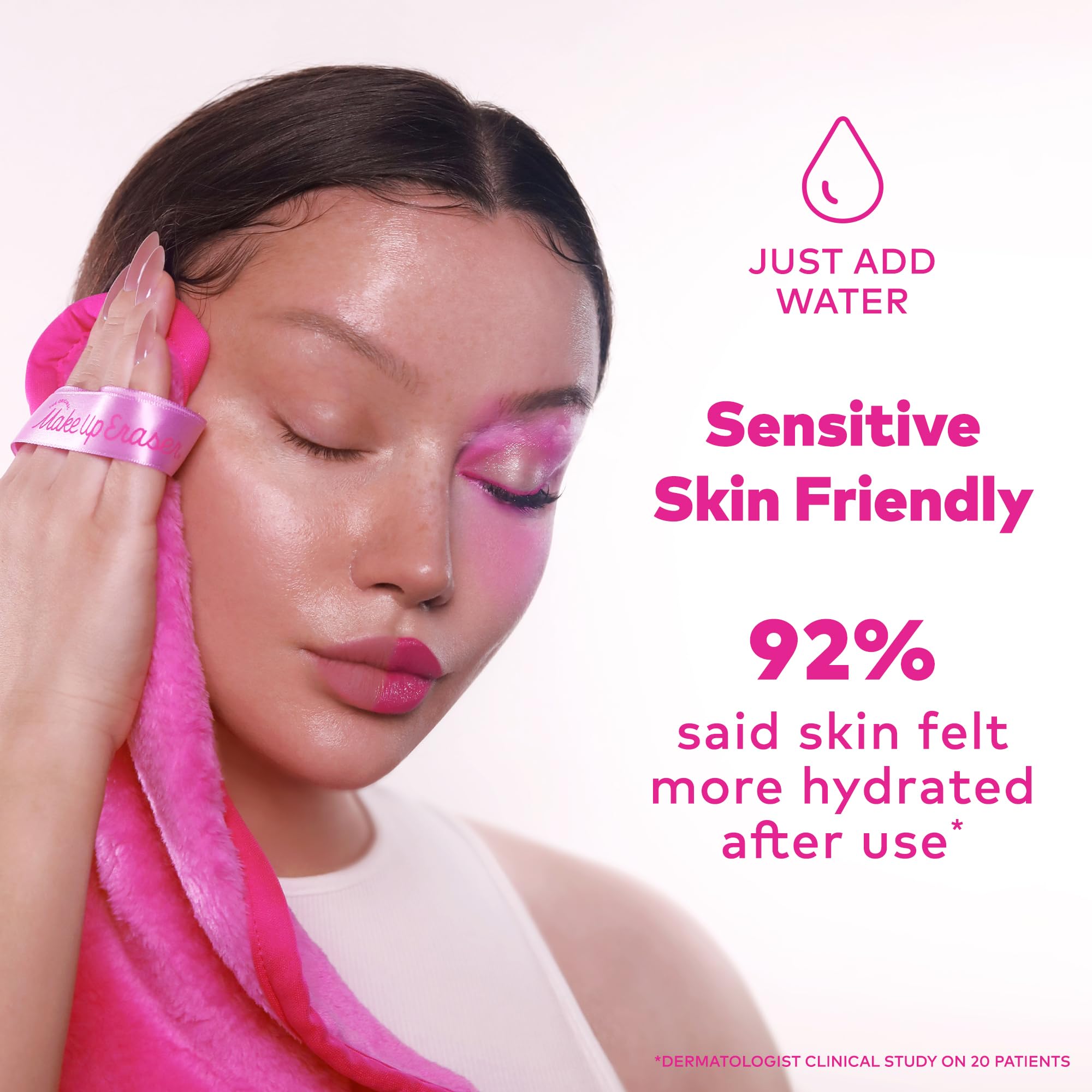 MakeUp Eraser Original Pink in-use with waterproof mascara demonstrates effective removal