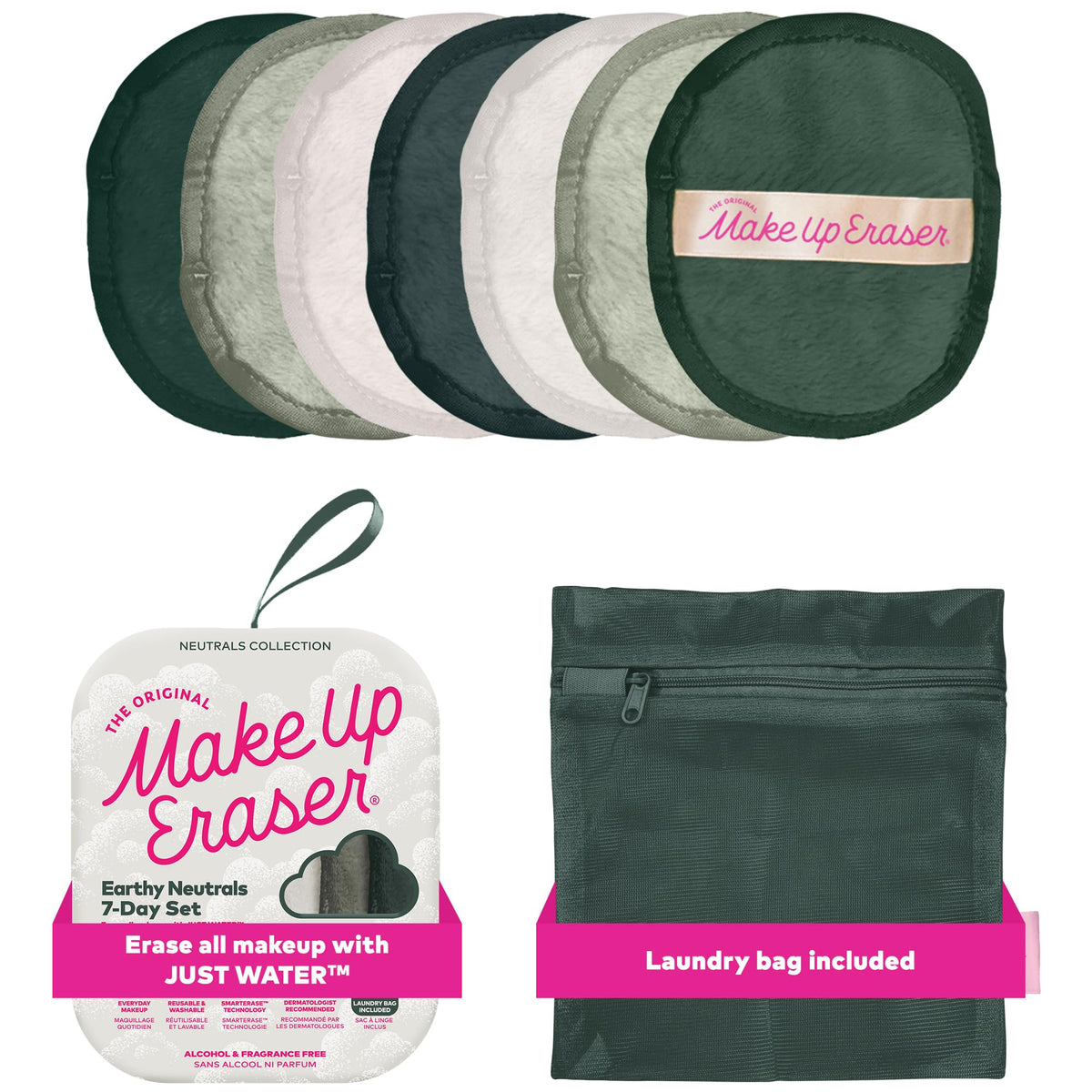 MakeUp Eraser Original seven-day set package shows eco-friendly, water-only makeup removal routine.