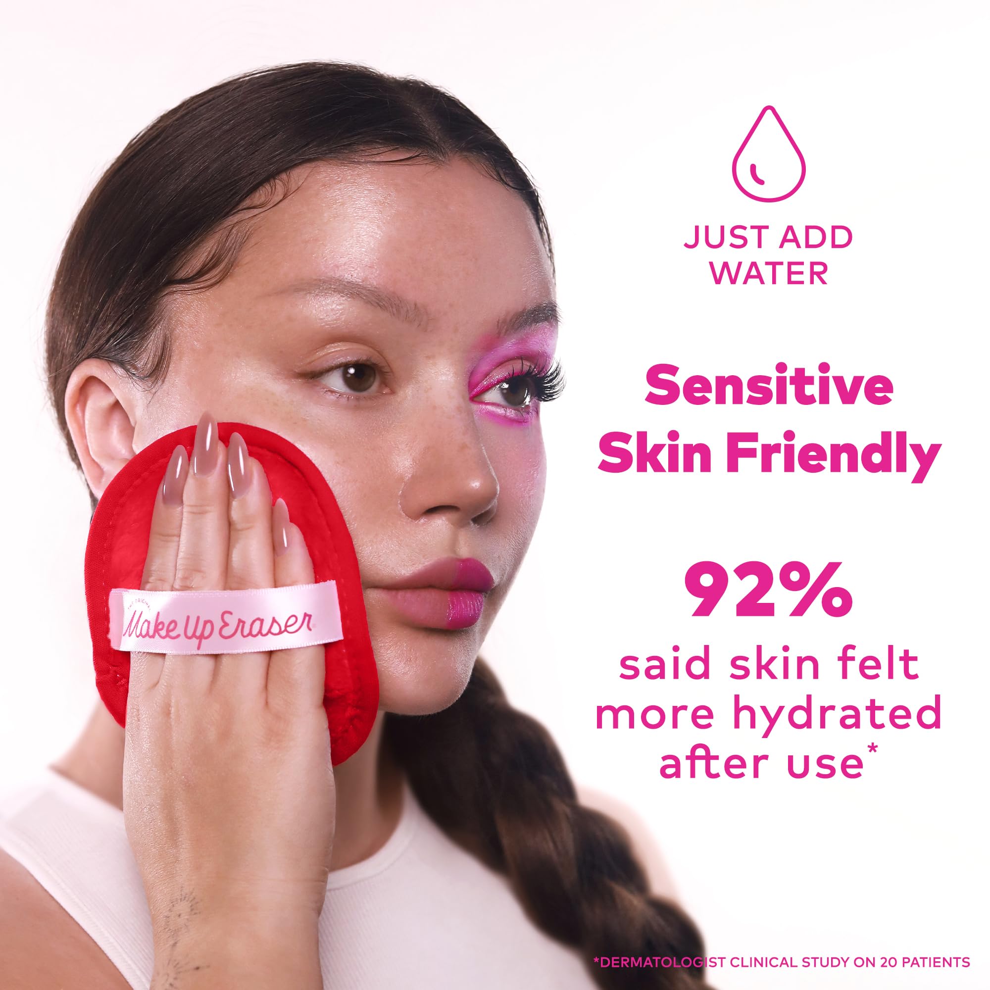 MakeUp Eraser waterproof makeup compatibility image demonstrates all-day wear removal.