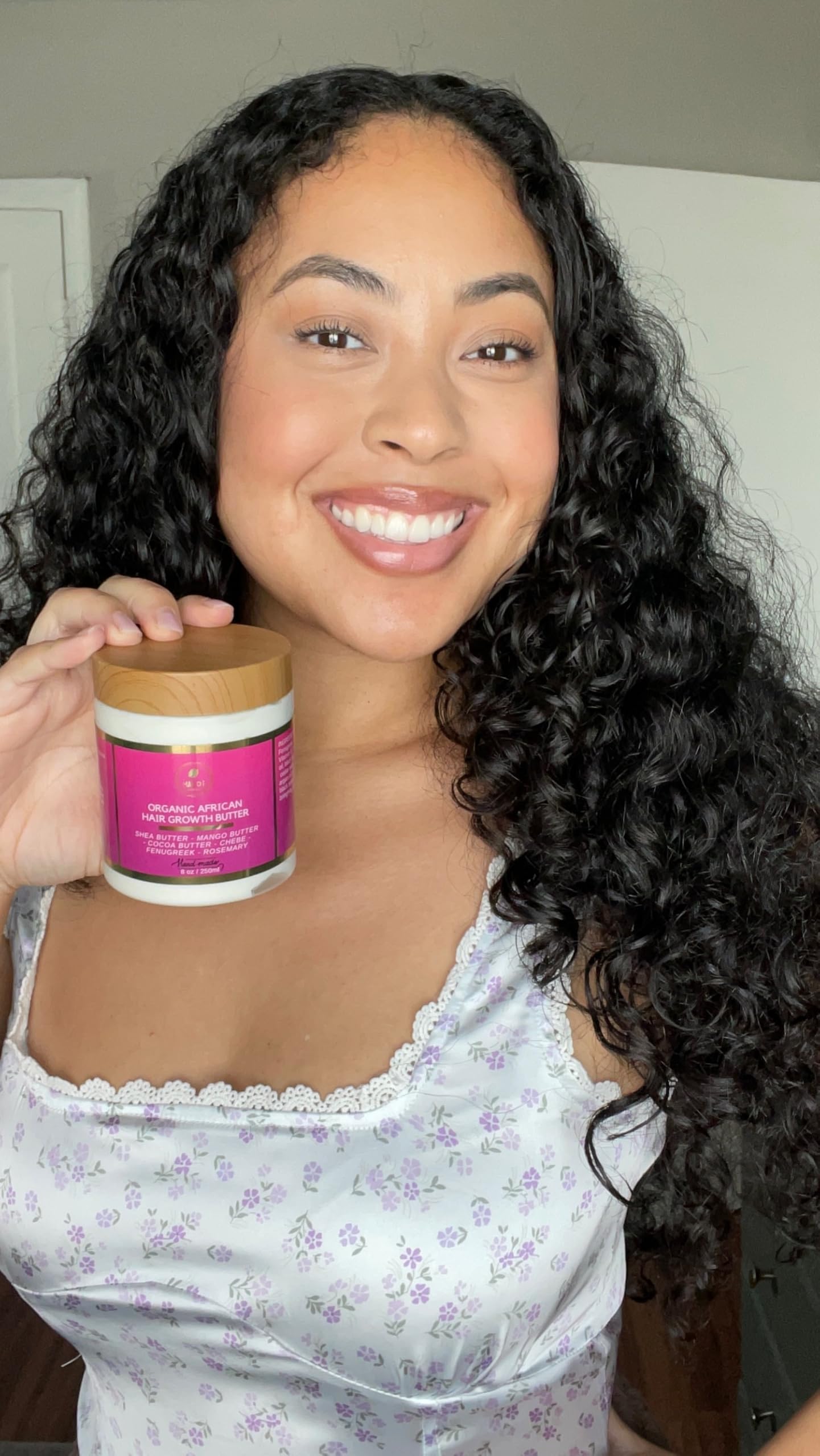 Makof Beauty Chebe Butter jar with spread shows rich nourishment for all hair types.