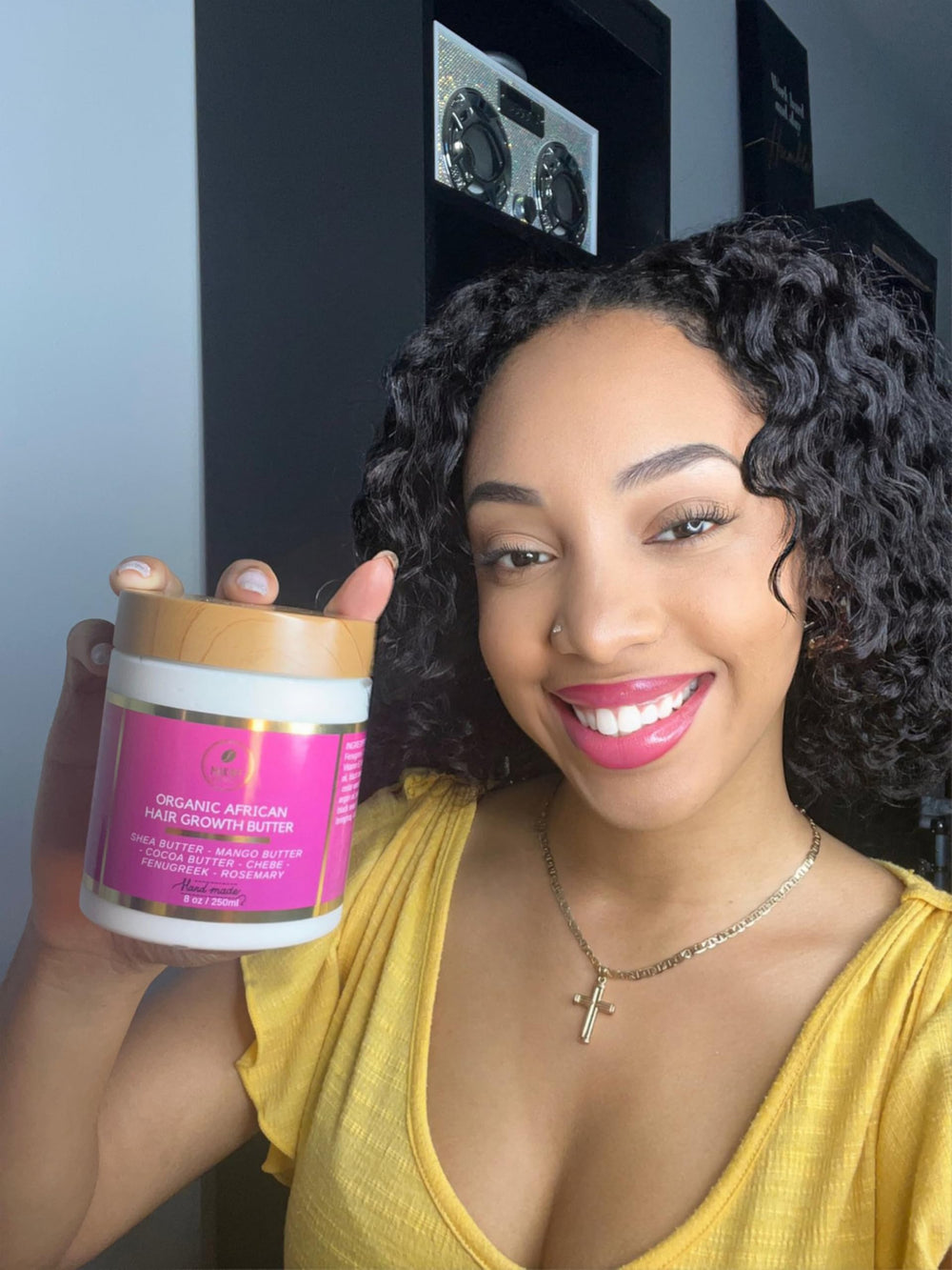 Makof Beauty Chebe Butter packaging label highlights all-natural formula for everyday use.