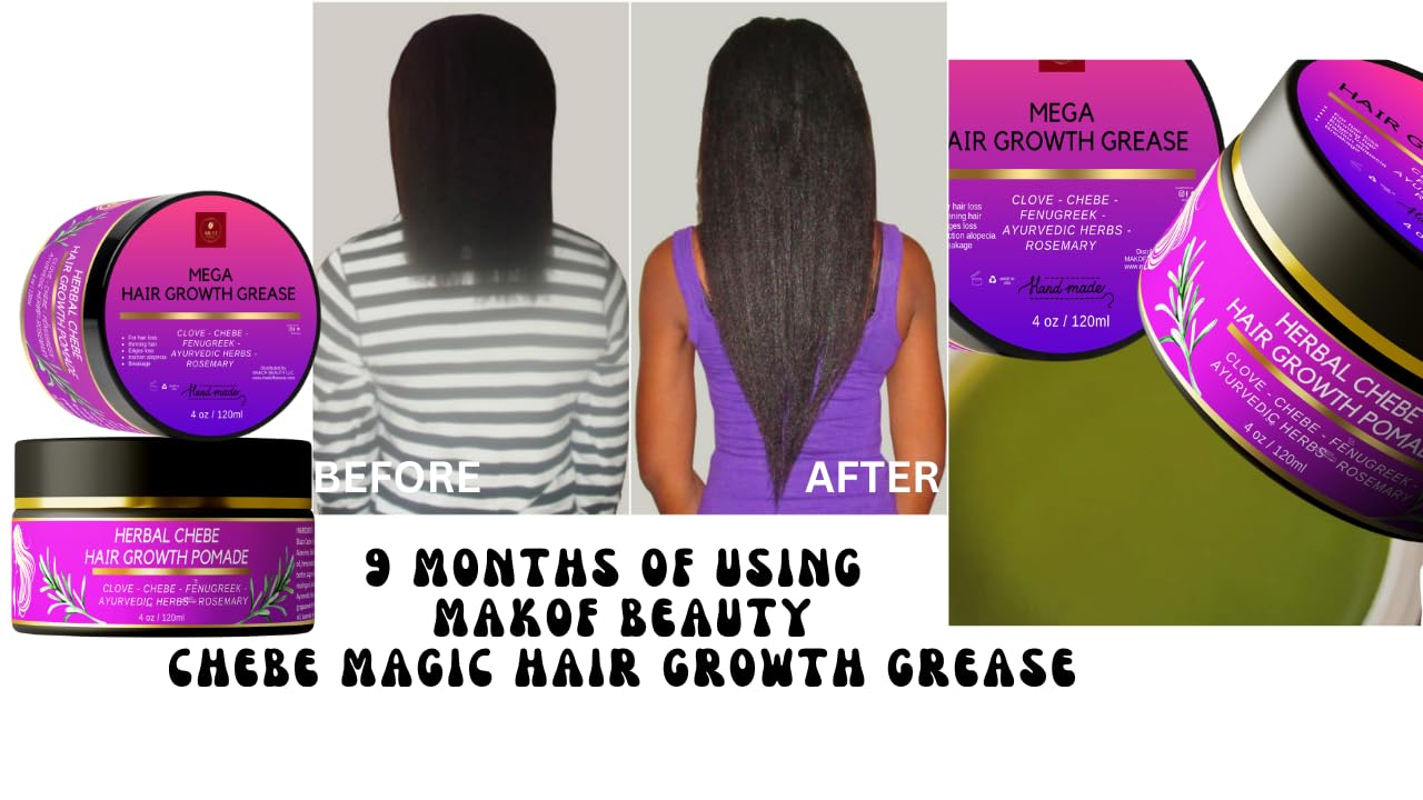 MAKOF BEAUTY Chebe Magic Grease application showing easy massage into scalp.