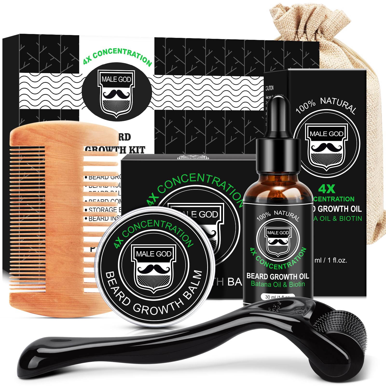 MALE GOD beard growth oil bottle nourishes facial hair for a fuller, healthier appearance.