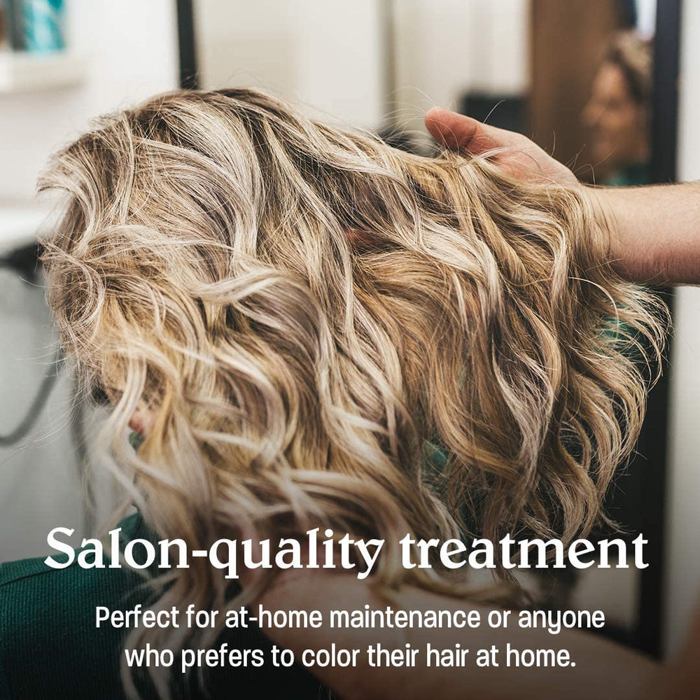 Malibu C Blondes Wellness Remedy travel-pack with other blonde products on vanity.