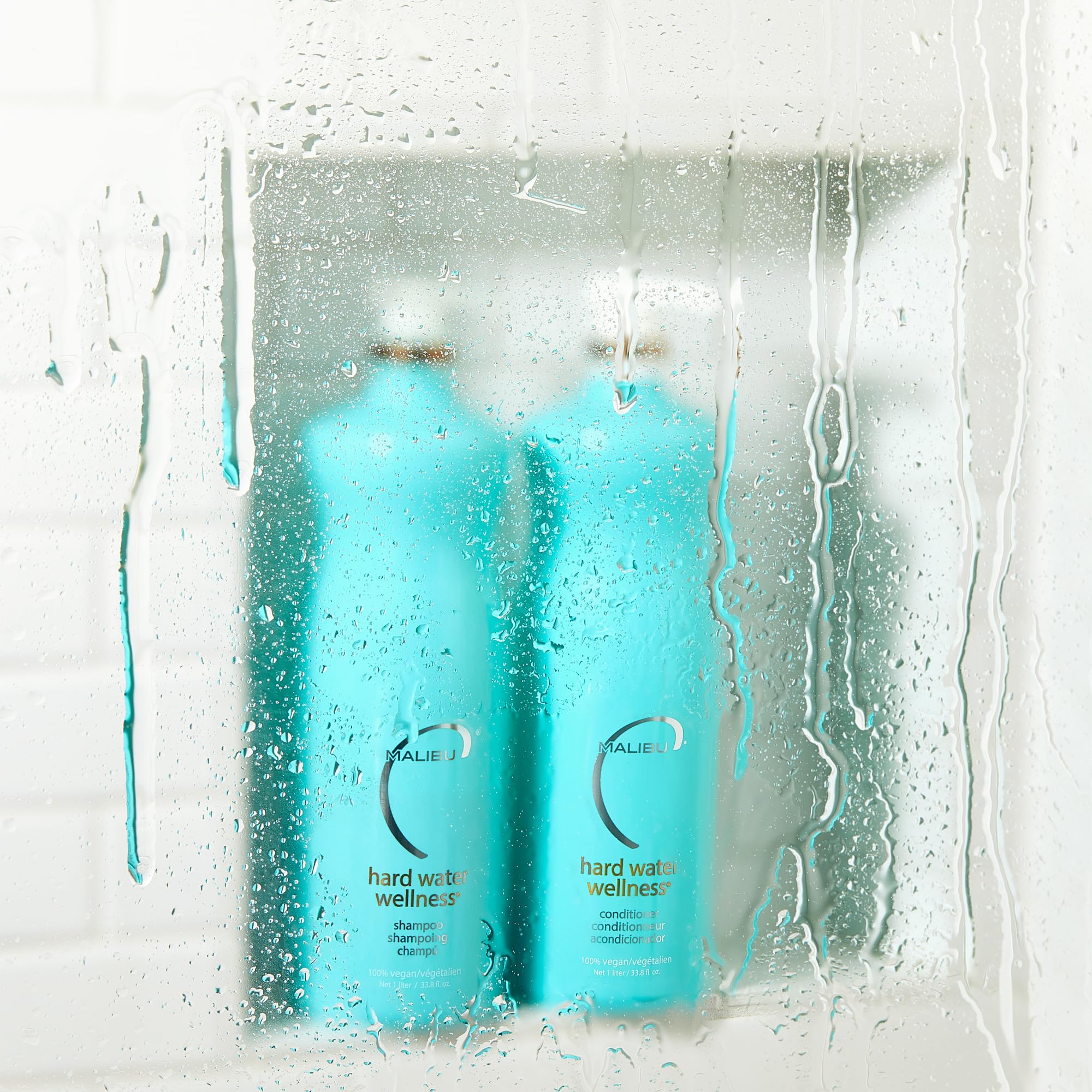 Malibu C Hard Water Conditioner bottle closeup highlighting deep hydration and mineral protection.