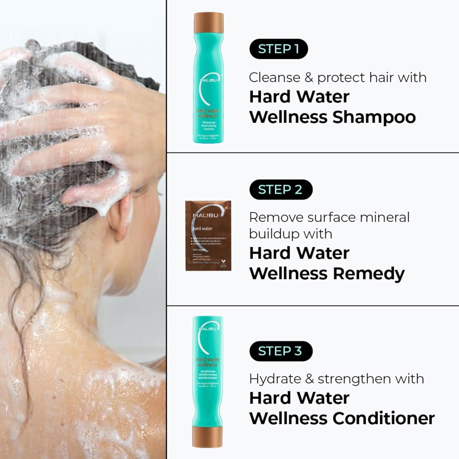 Malibu C hard water hair mask application on damp hair