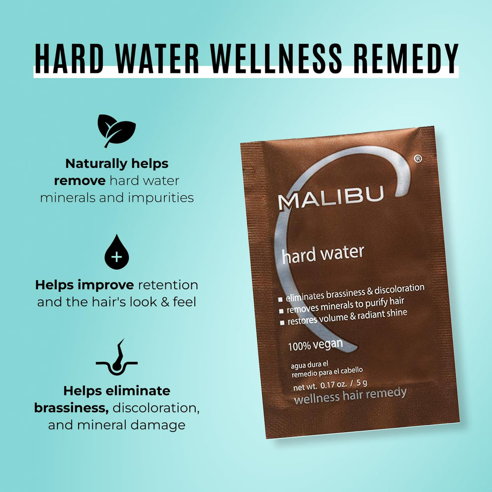Malibu C Hard Water Remedy crystals dissolve in hands for deep cleansing.